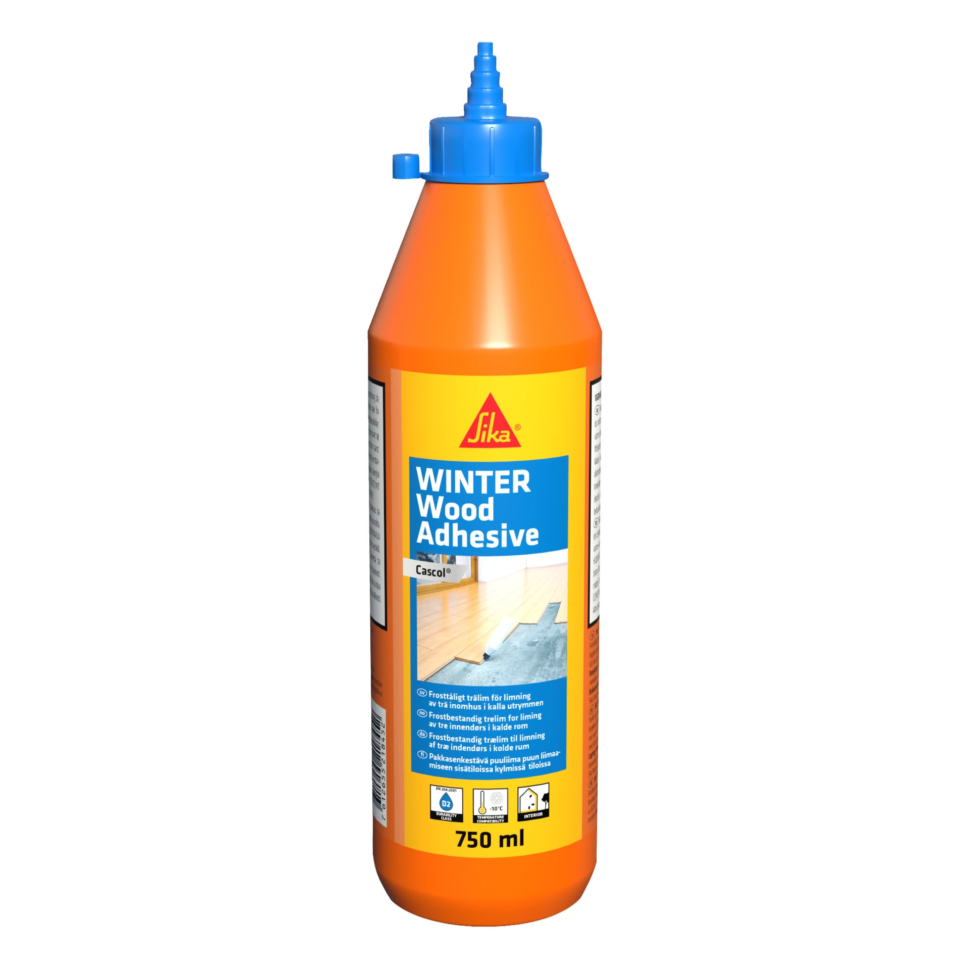 En orange 750 ml flaska Sika Winter Wood Adhesive med blått munstycke, gulblå etikett och bild av trägolv.