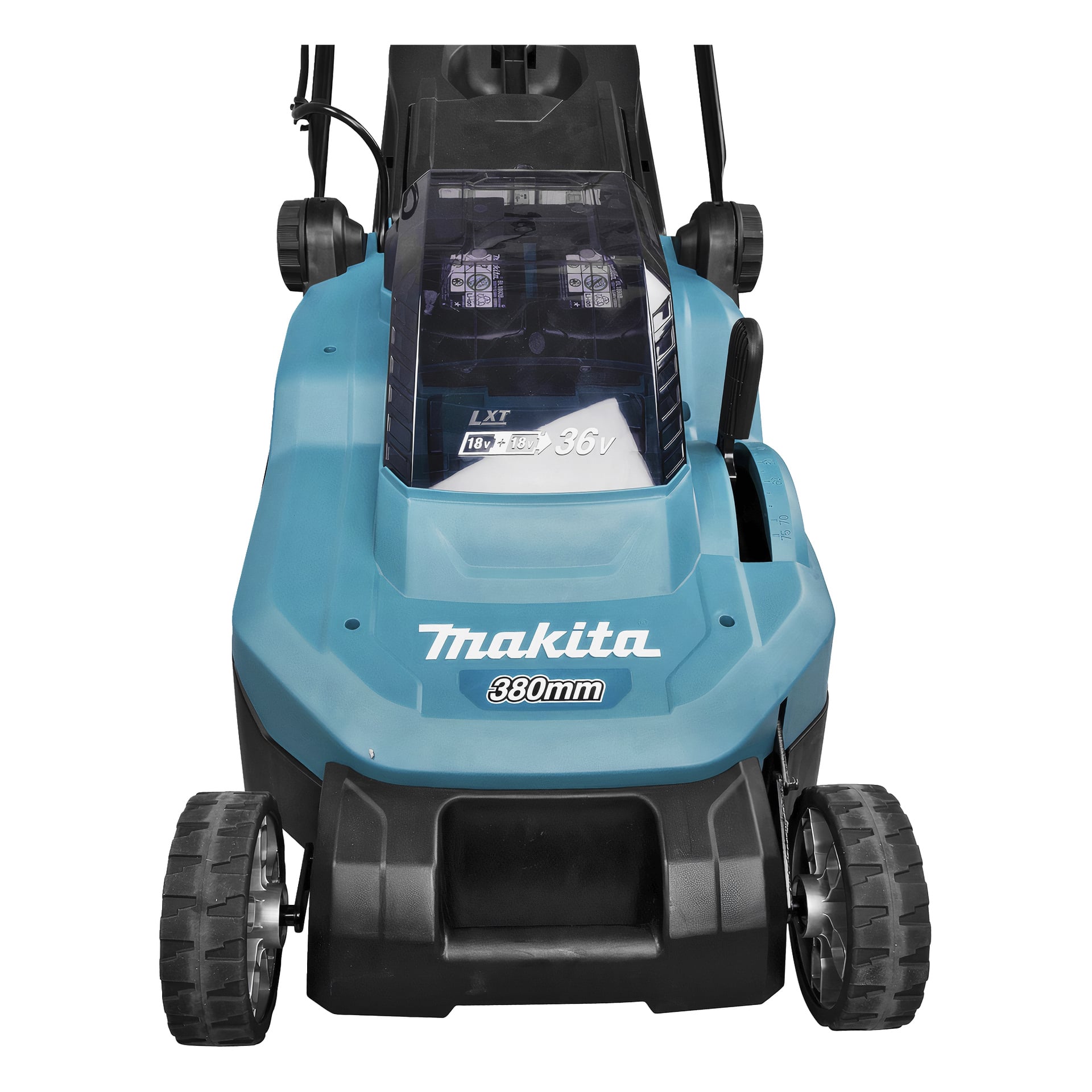 Lähikuva etuosasta sinisestä Makita 380 mm johdottomasta ruohonleikkurista, mustat vanteet, läpinäkyvä kansi, joka paljastaa kaksi akkupaikkaa, ja brändäys edessä.