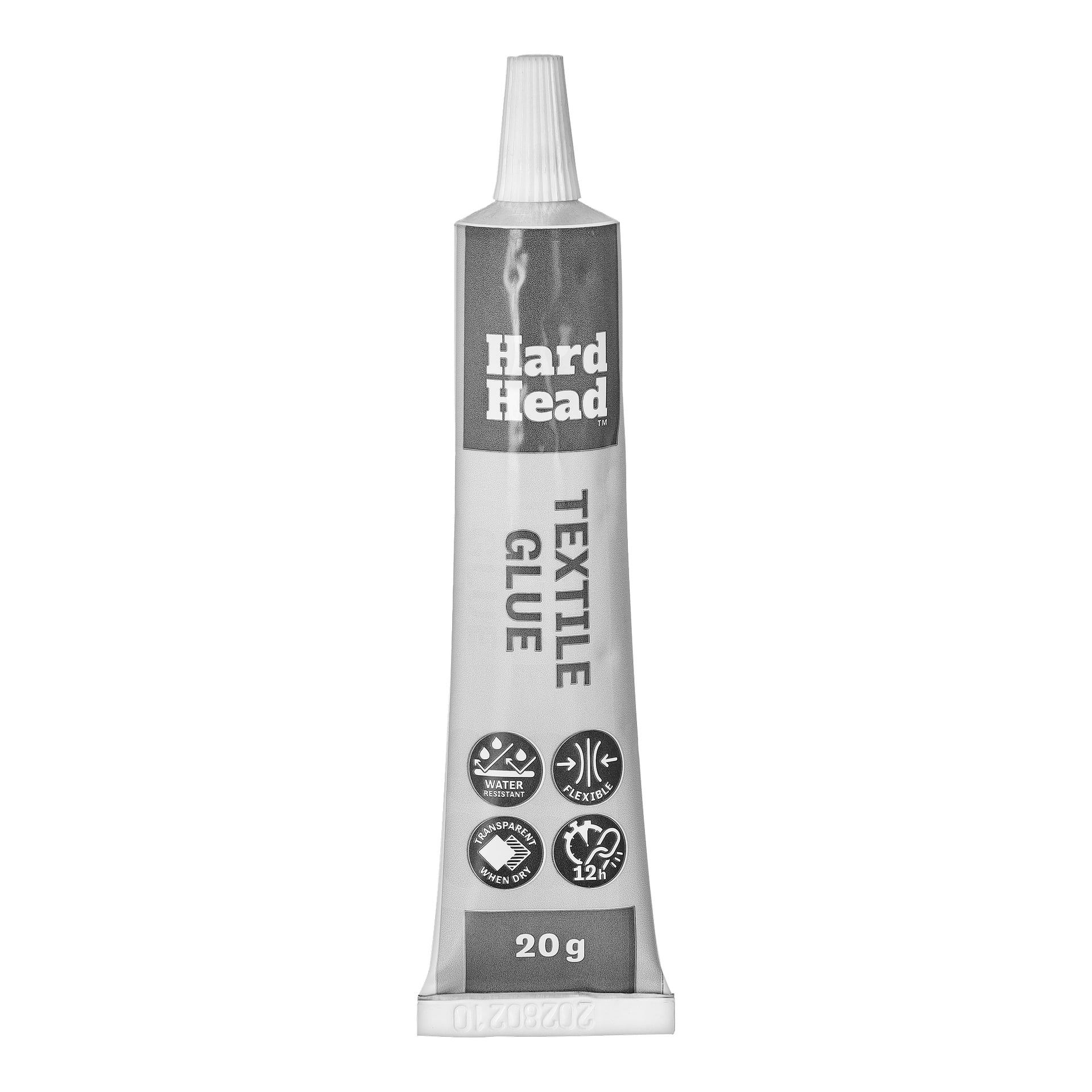 Hårdhuvud textillimrör, 20g, vit lock. Märkt vattenavvisande, flexibel, torkar klart, fäster på 12 timmar.