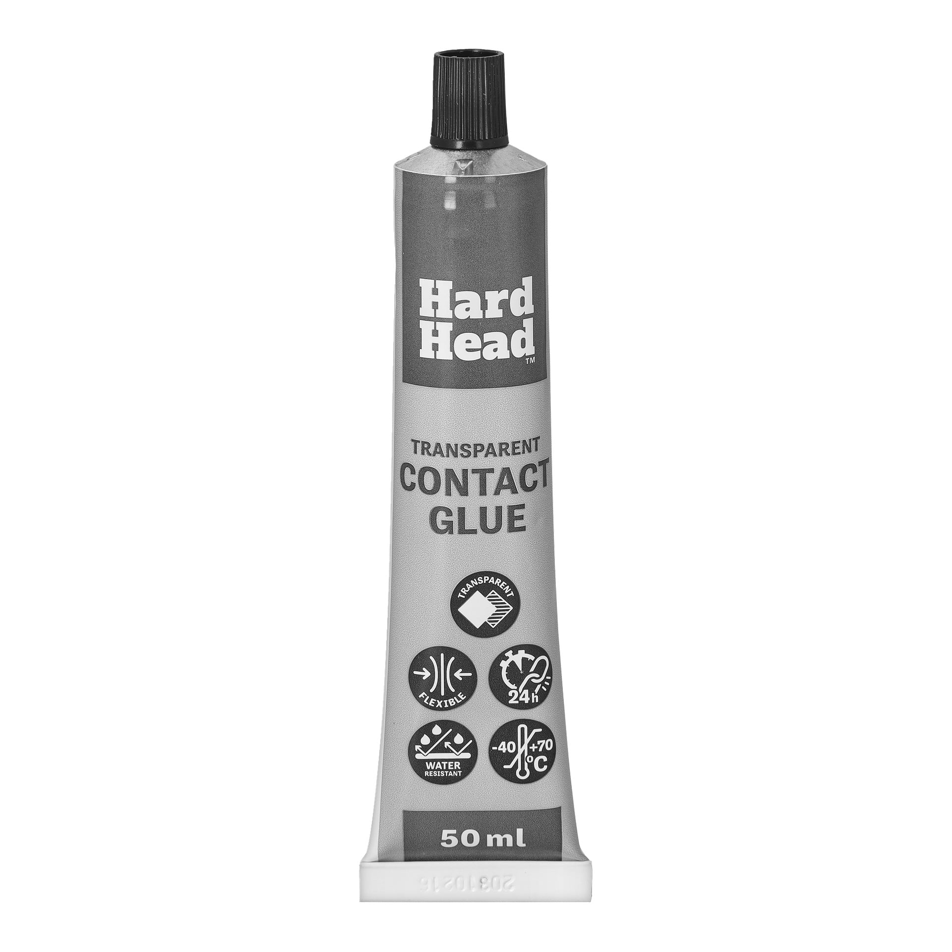 50 ml tub Hard Head Transparent Contact Glue visar egenskaper: klar, flexibel, vattenavvisande, torkar på 24 timmar, -40°C till +70°C.