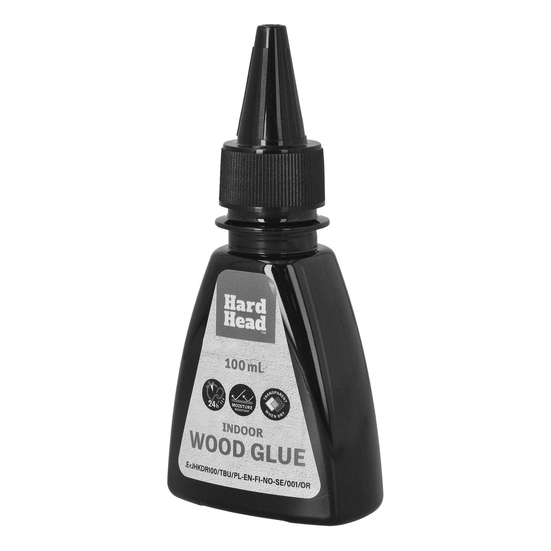 Svart plastflaske med Hard Head Indoor Wood Glue, 100 mL, spiss kork; Etiketten sier fuktighets- og temperaturbestandig, tørker på 24 timer.