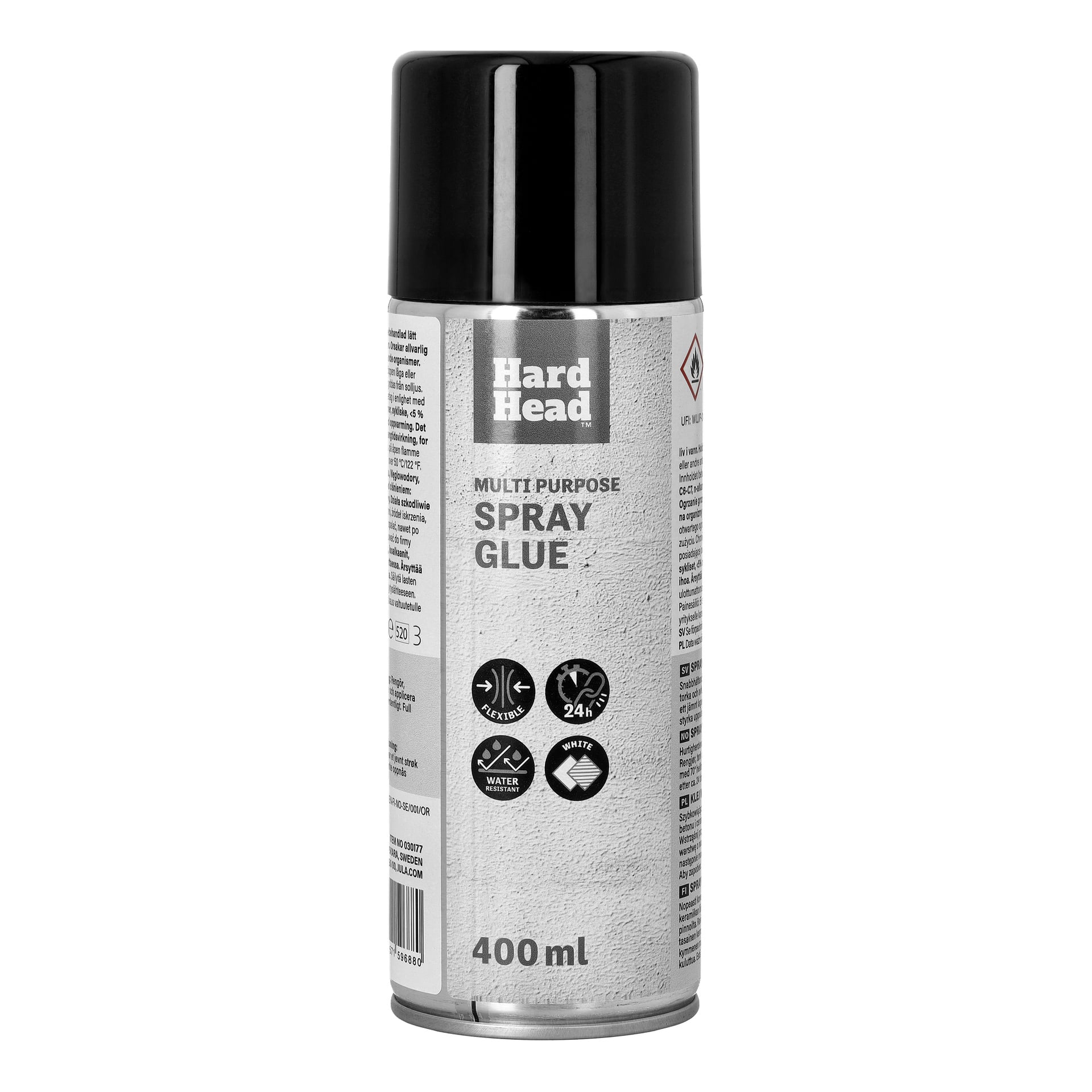 Silver och svart Hard Head Multi-Purpose Spray Glue-burk, 400 ml, med ikoner för flexibel, vattenavvisande, torkar vitt på 24 timmar.