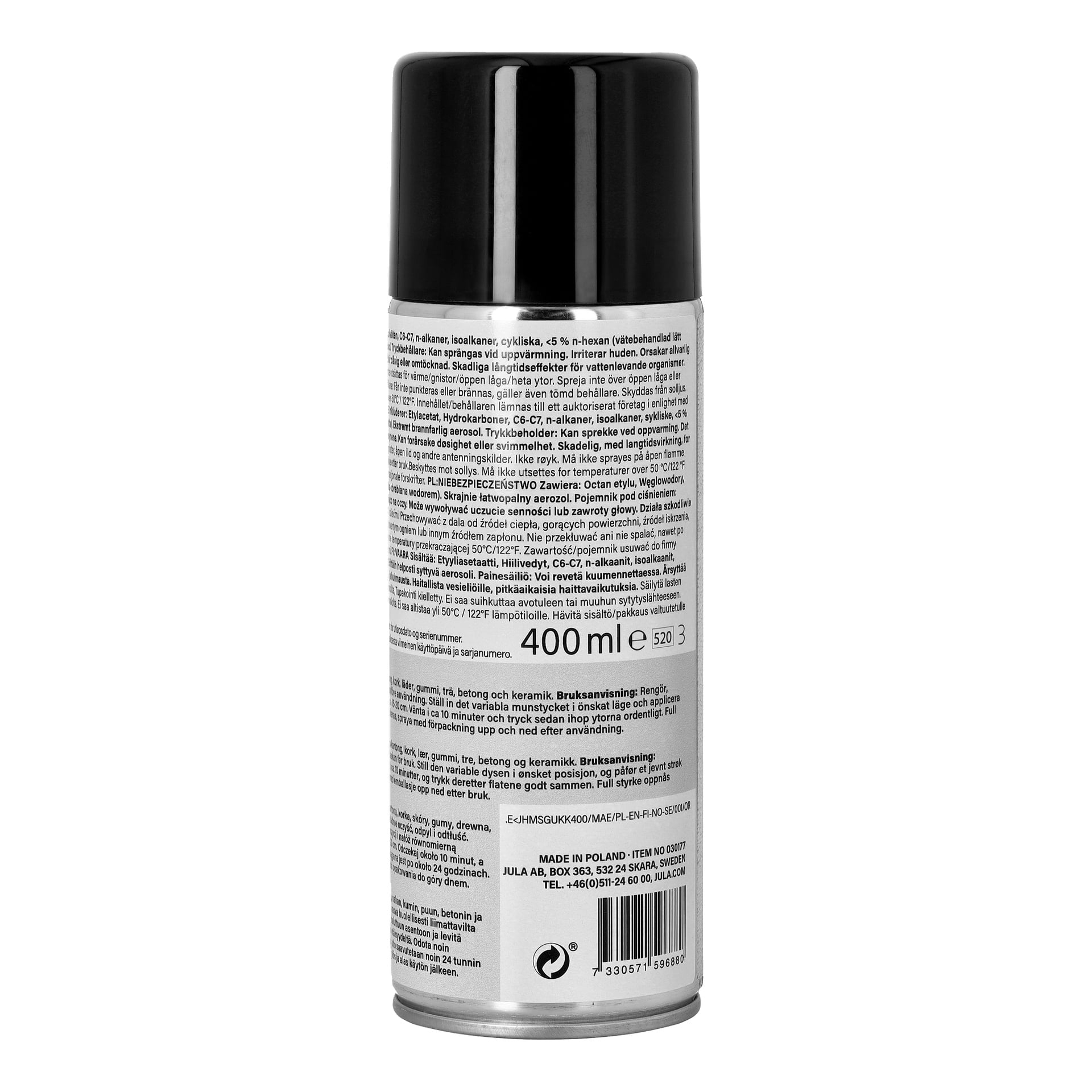 En svart och silverfärgad sprayburk med detaljerad produktinformation och instruktioner på baksidan, 400 ml volym och en streckkod i botten.
