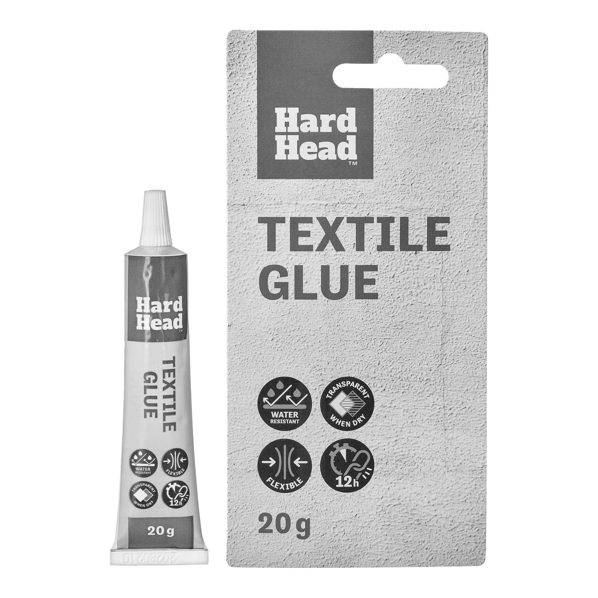 Hårdhuvud Textile Glue-tub och förpackning, 20g, visar ikoner för vattenresistens, torkar klart, flexibilitet och 12 timmars torktid.