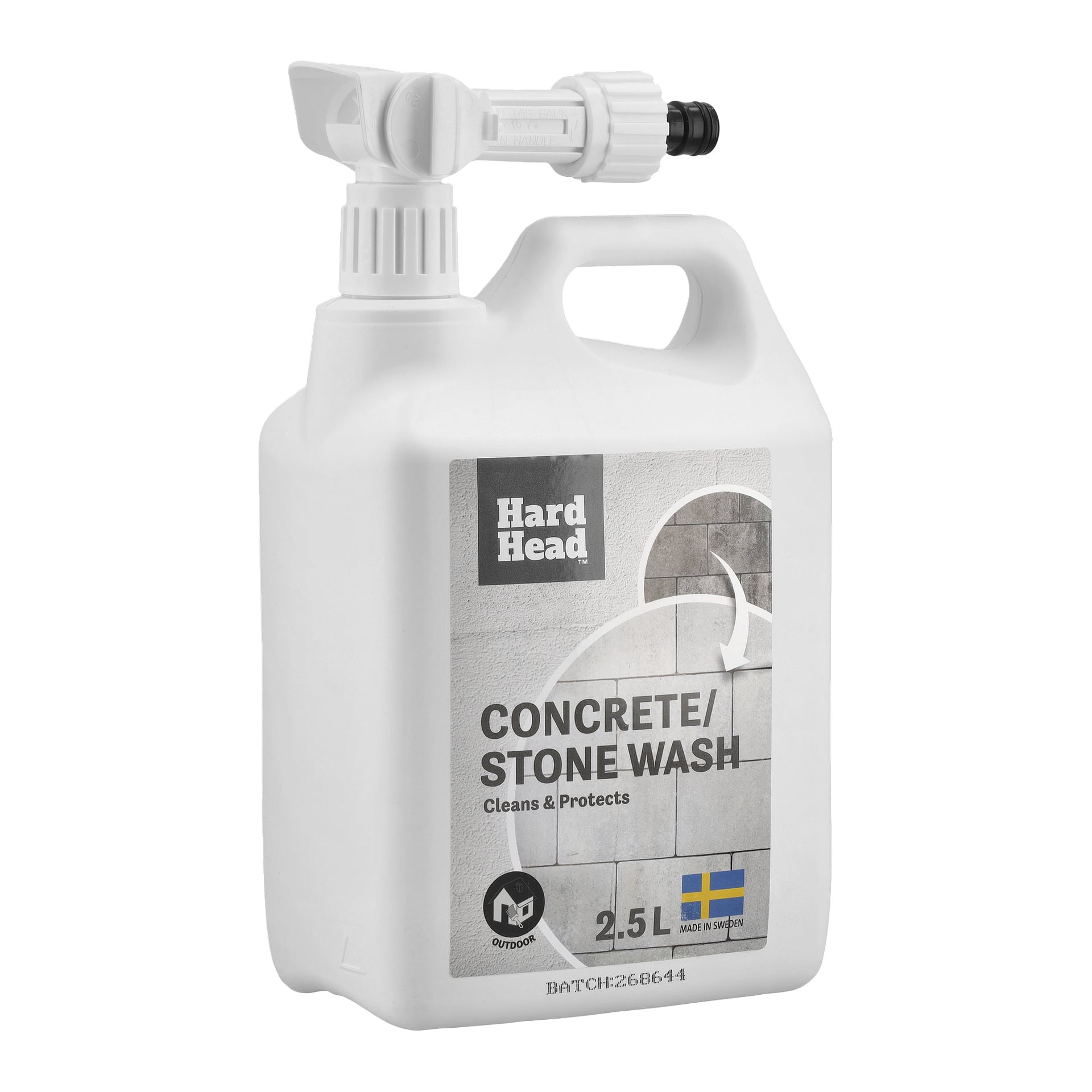 Valkoinen 2,5-litrainen Hard Head Concrete/Stone Wash -suihkesäiliö ulkopintojen puhdistamiseen, etiketissä näkyy lippu ja kiviseinä.
