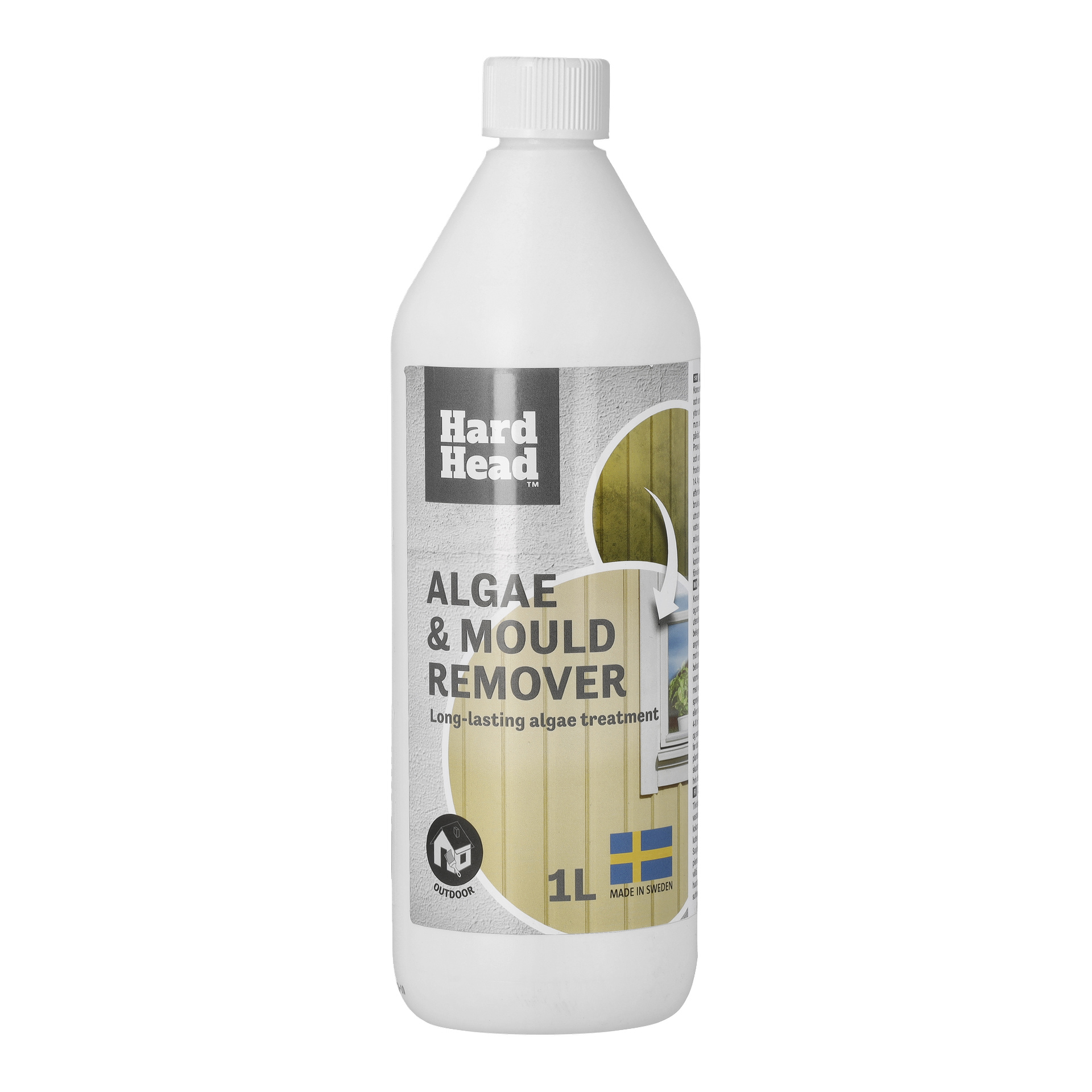 Valkoinen 1 litran Hard Head Algae & Home Remover -pullo, jossa ulkokäyttöön tarkoitetussa etiketissä on ennen ja jälkeen -sivukuvia sekä lippu.