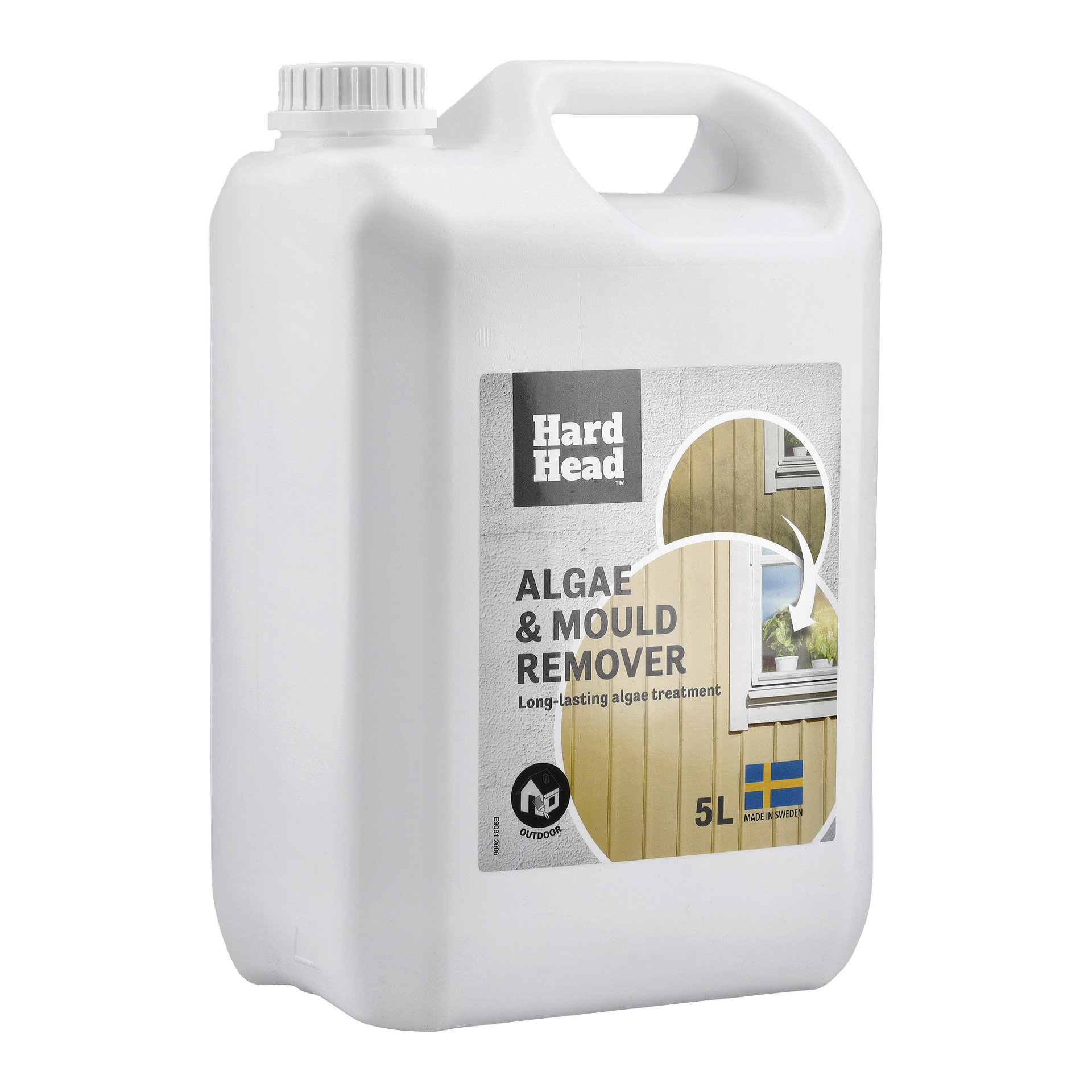 Valkoinen 5-litrainen muovinen Hard Head Algae & Mold Remover -pakkaus, jossa on tuotetiedot, puuverhouksen kuva ja Ruotsin lippu edessä.