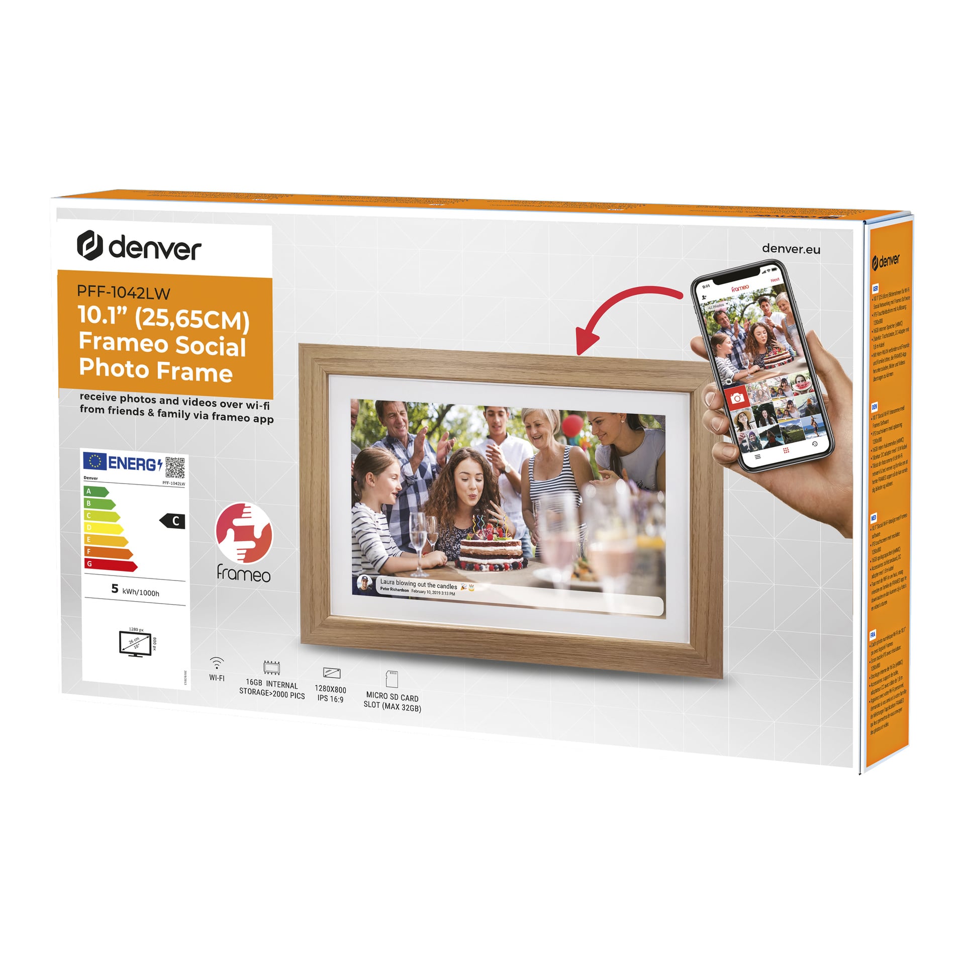 Denver 10,1-tommers Frameo Social Photo Frame butikkboks med et bursdagsfestbilde på rammen og en telefon med appen.