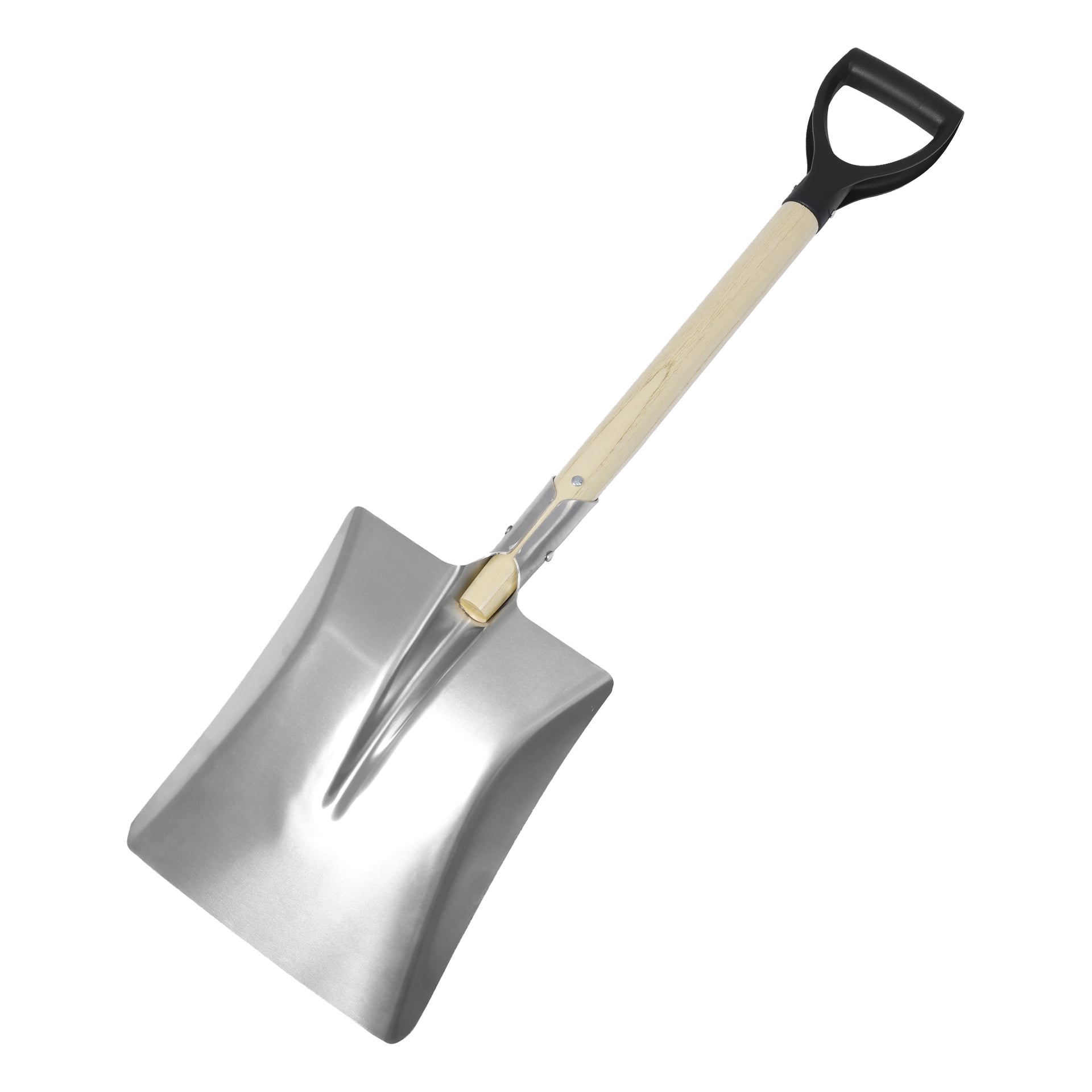 En fyrkantig spade med ett brett platt metallblad, lätt trähandtag och svart D-grepp, placerad diagonalt.