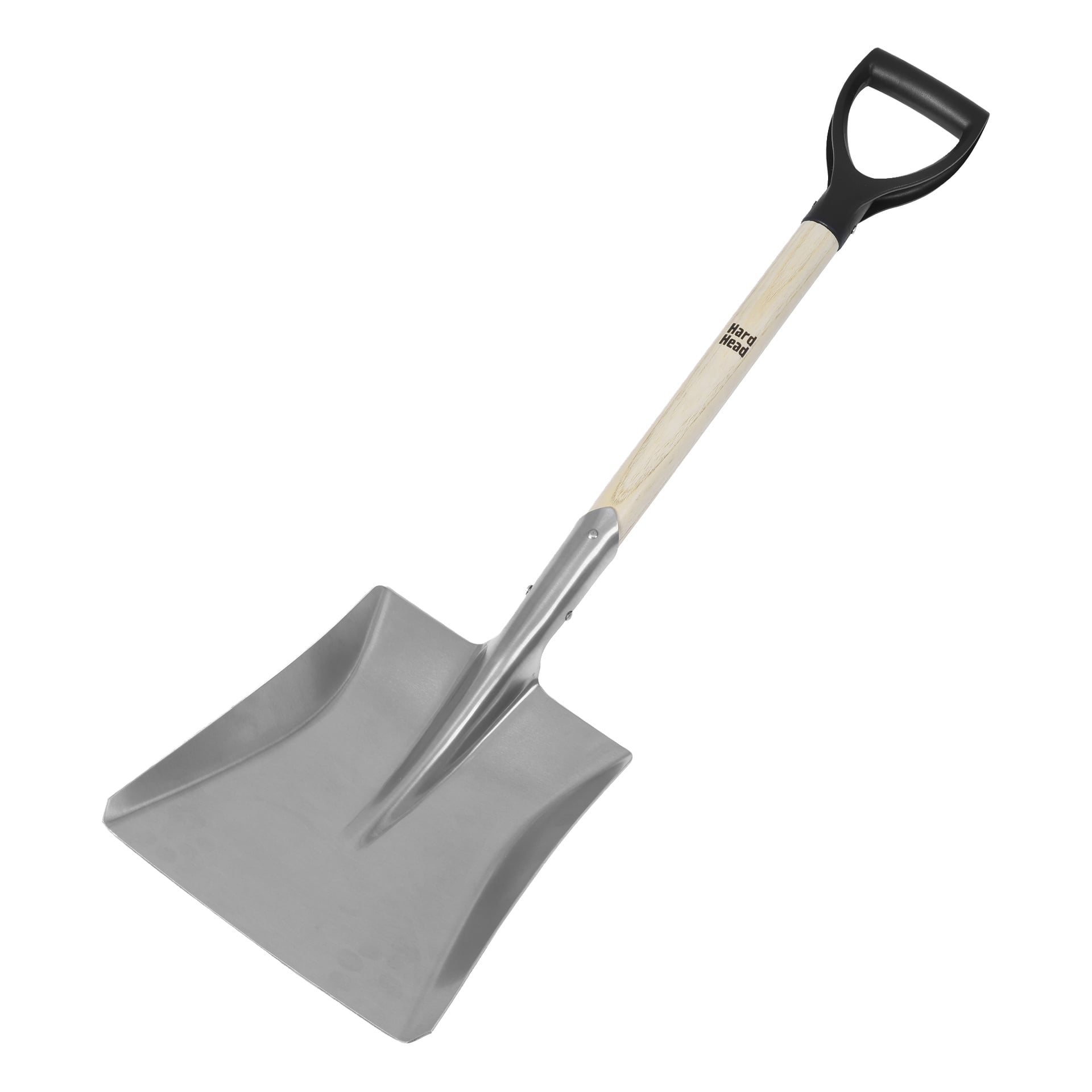 En metallspade med ett brett, platt blad, ett lätt trähandtag och ett svart D-grepp upptill.