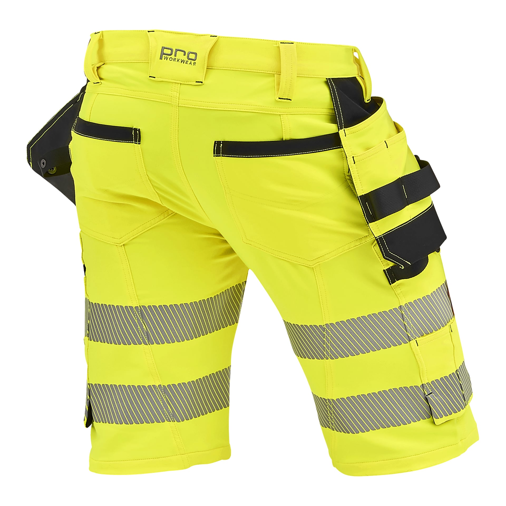 Klargula arbetsshorts med reflekterande silverband, flera svarta fickor, verktygsöglor och bältesöglor syntes bakifrån.