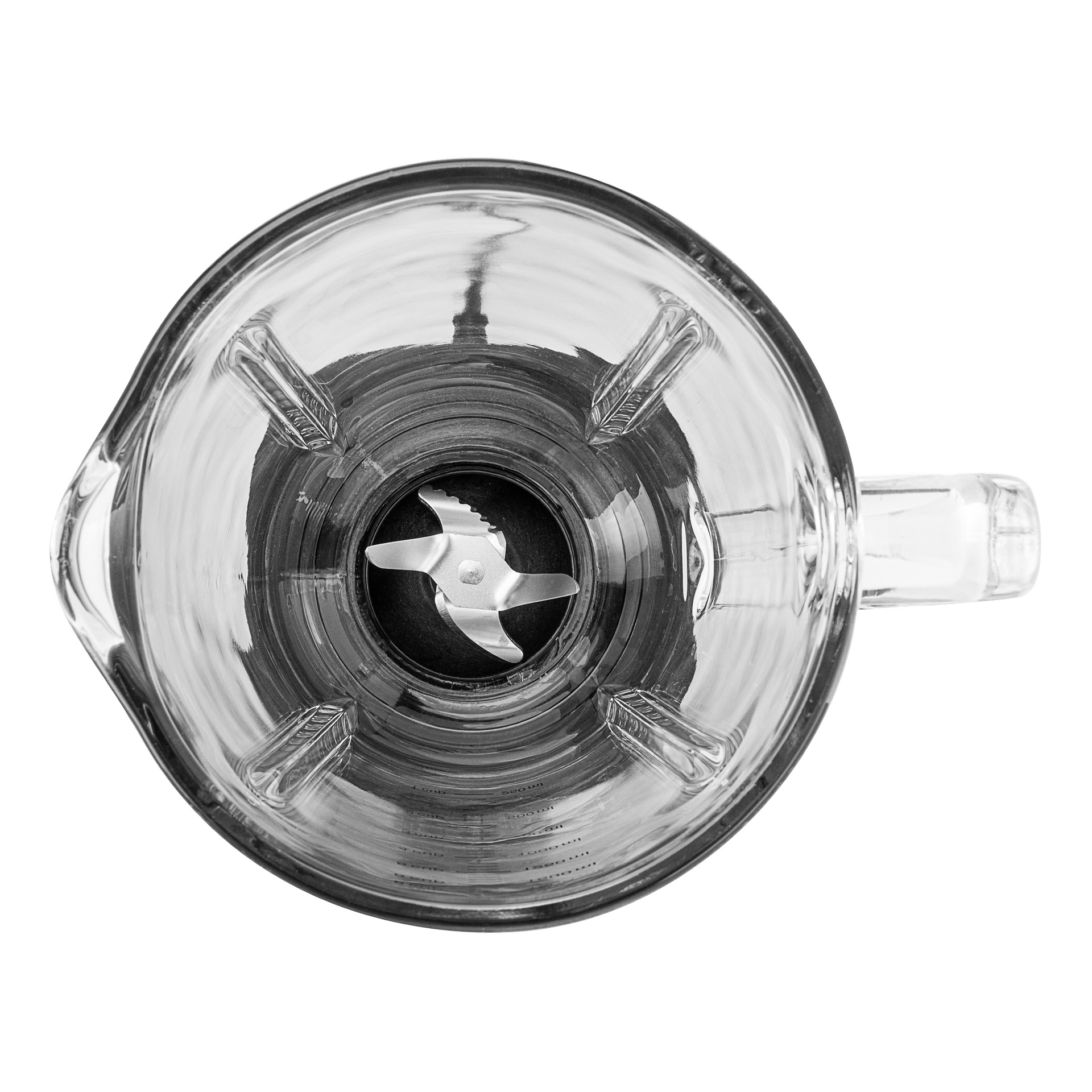 Ylhäältä näkyvä läpinäkyvä blender-purkki, jonka pohjassa näkyy metalliterät ja oikealla kahva.