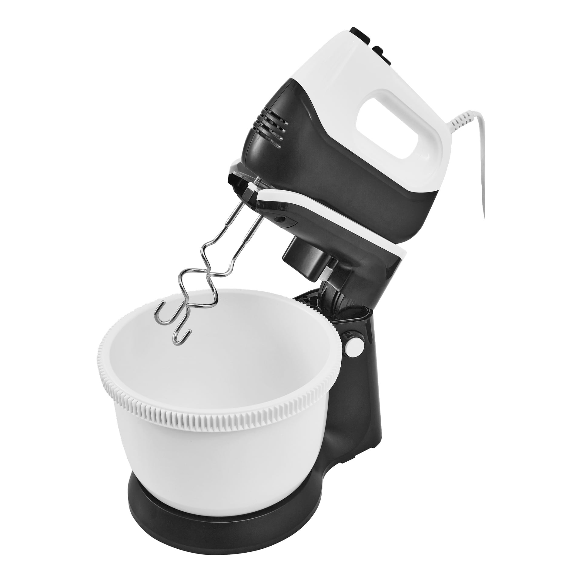 En svartvit elektrisk mixer har en vit blandningsskål och två visp fastsatta.