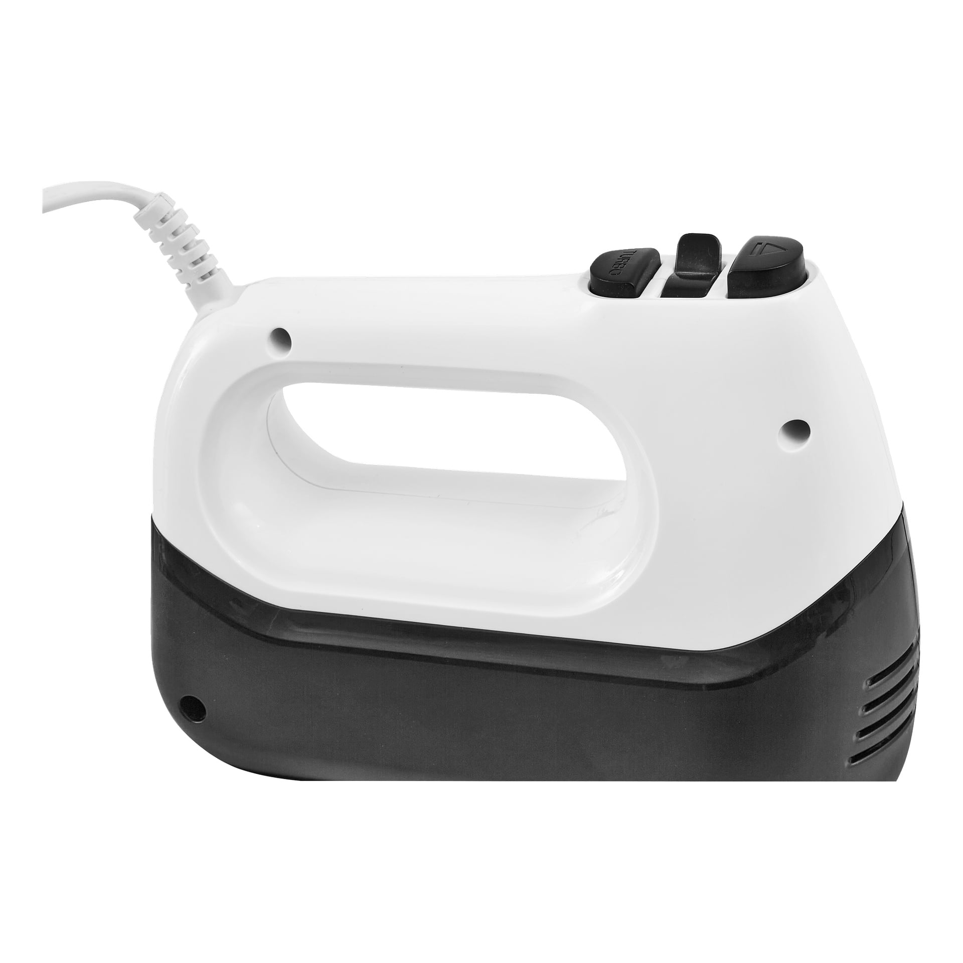 Närbild av en handhållen elektrisk mixer med vitt och svart plastskåp, kontrollknappar och sladd uppe till vänster. Inga slagmän fastsatta.
