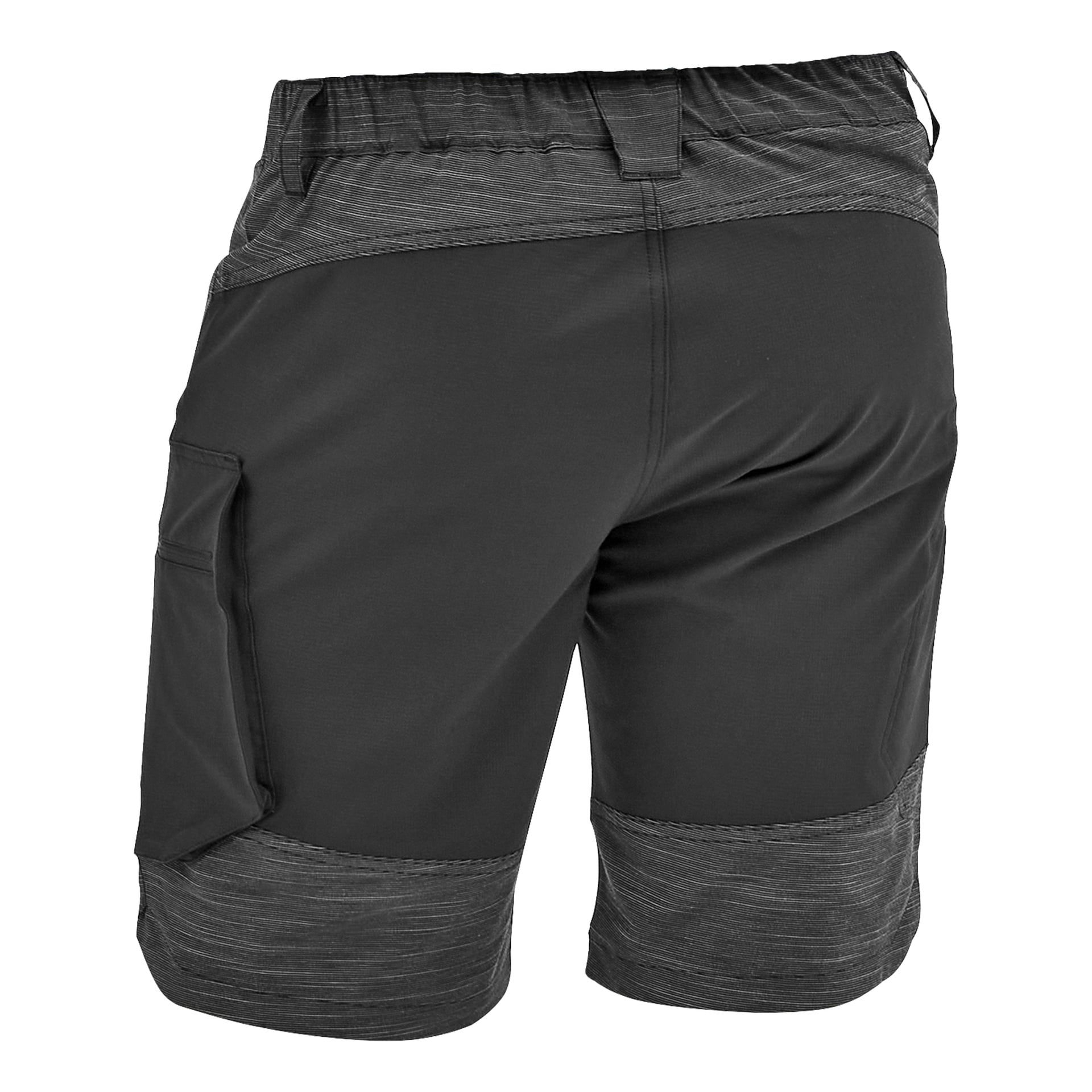 Svarta och mörkgrå shorts sedda bakifrån, med resår i midjan, vänster cargoficka och texturerade paneler på varje ben.