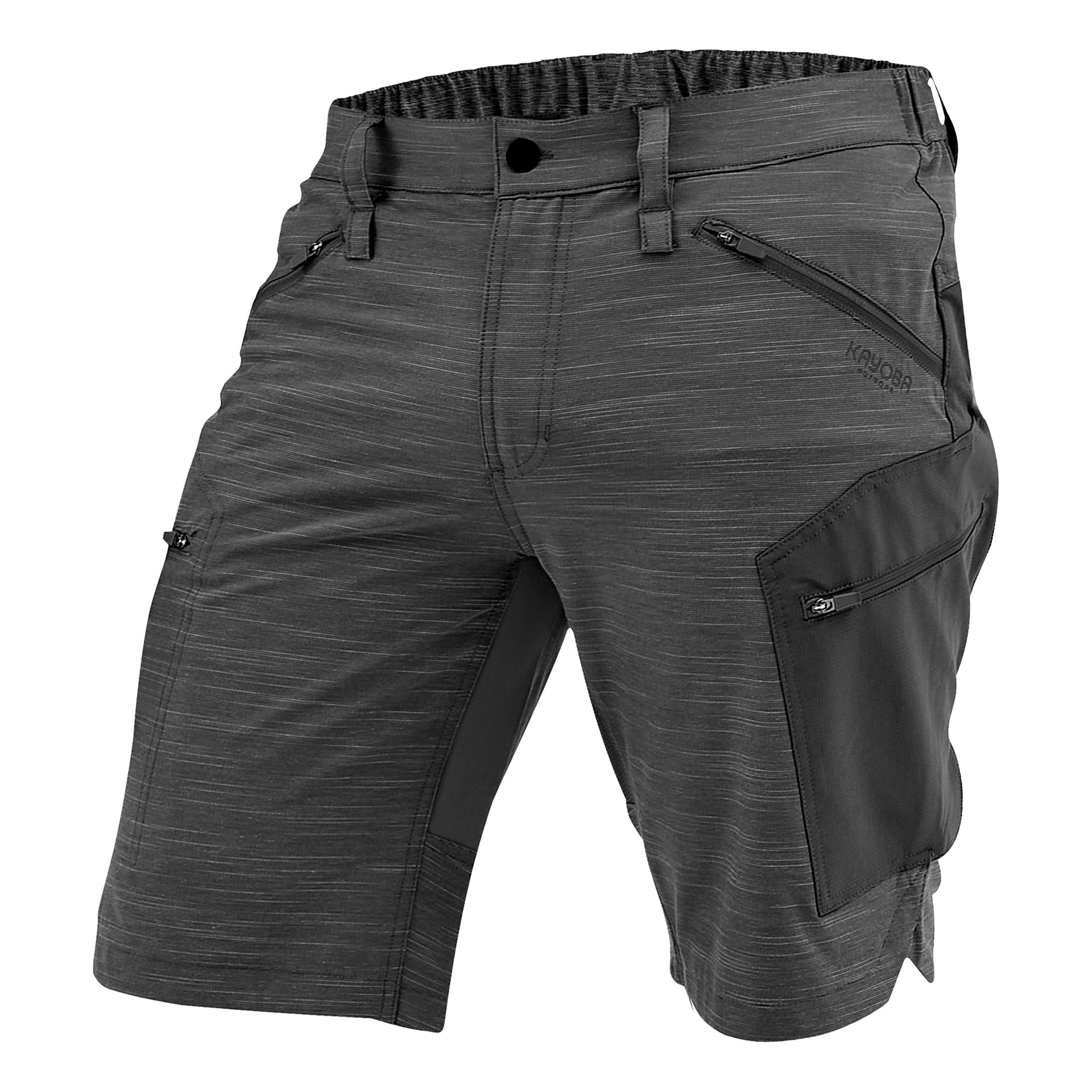 Ett par mörkgrå herrshorts med flera fickor med dragkedja, bältesöglor och en del med resår i midjan.