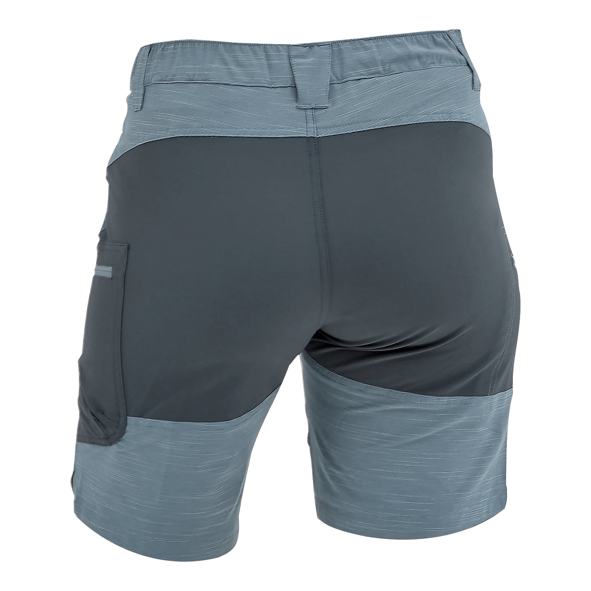Baksidan av tvåfärgade sportshorts med elastisk midjeband, höger ficka och kontrasterande sömmar på ben och midja.