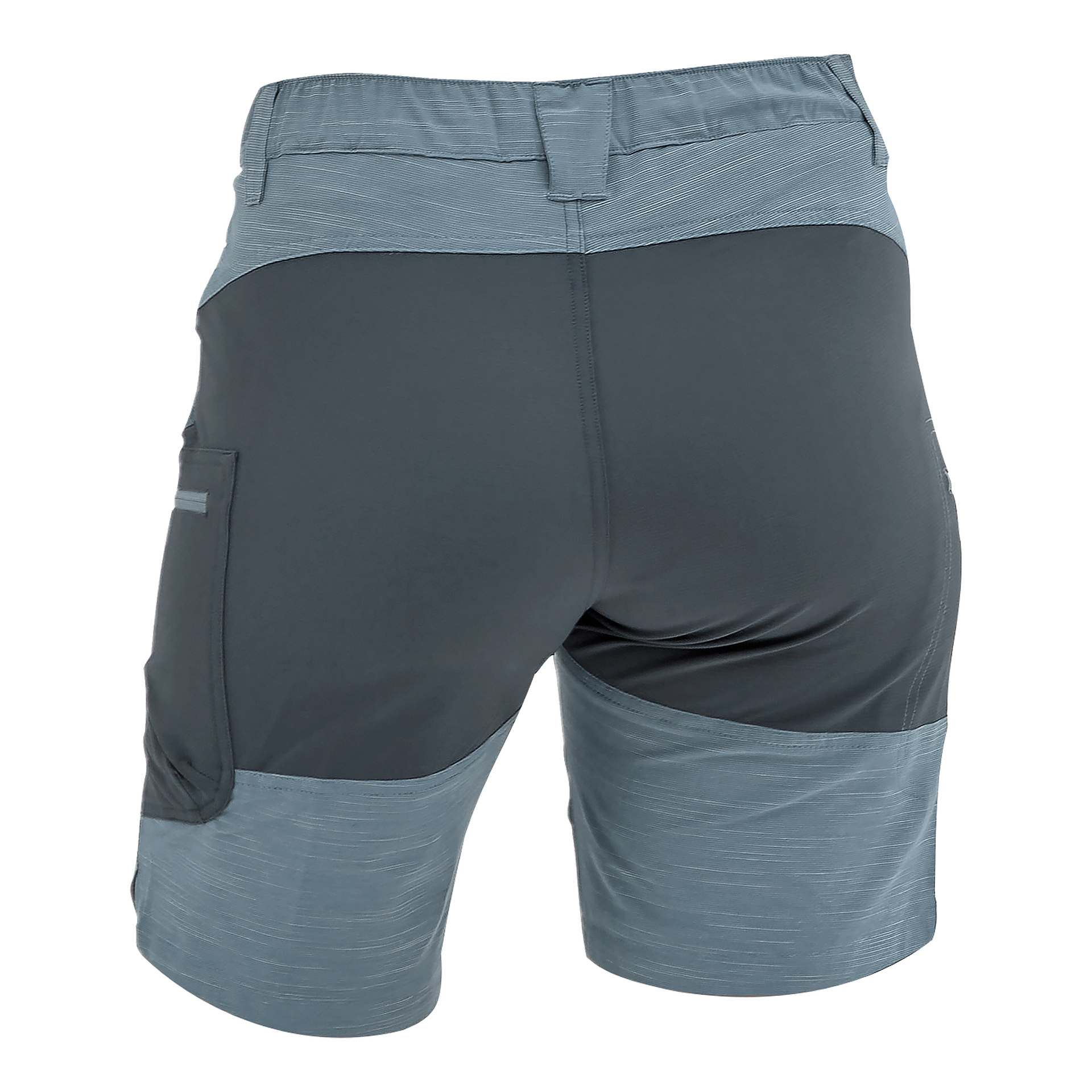 Baksidan av tvåfärgade sportshorts med elastisk midjeband, höger ficka och kontrasterande sömmar på ben och midja.