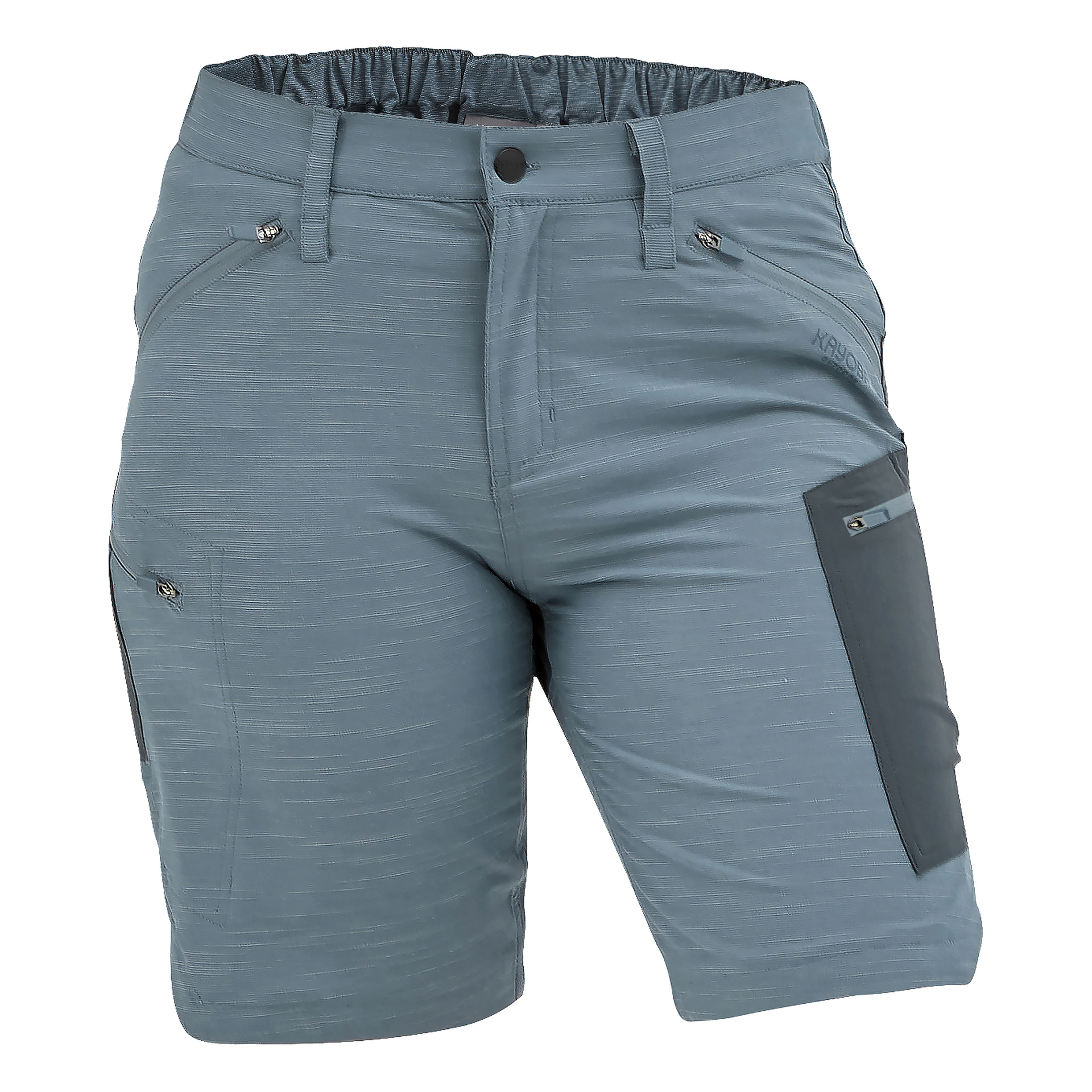 Knälånga shorts i ljusblågrå, elastisk midja, framknapp och dragkedja, bältesöglor, två fickor med dragkedja, mörkgrå lårficka.