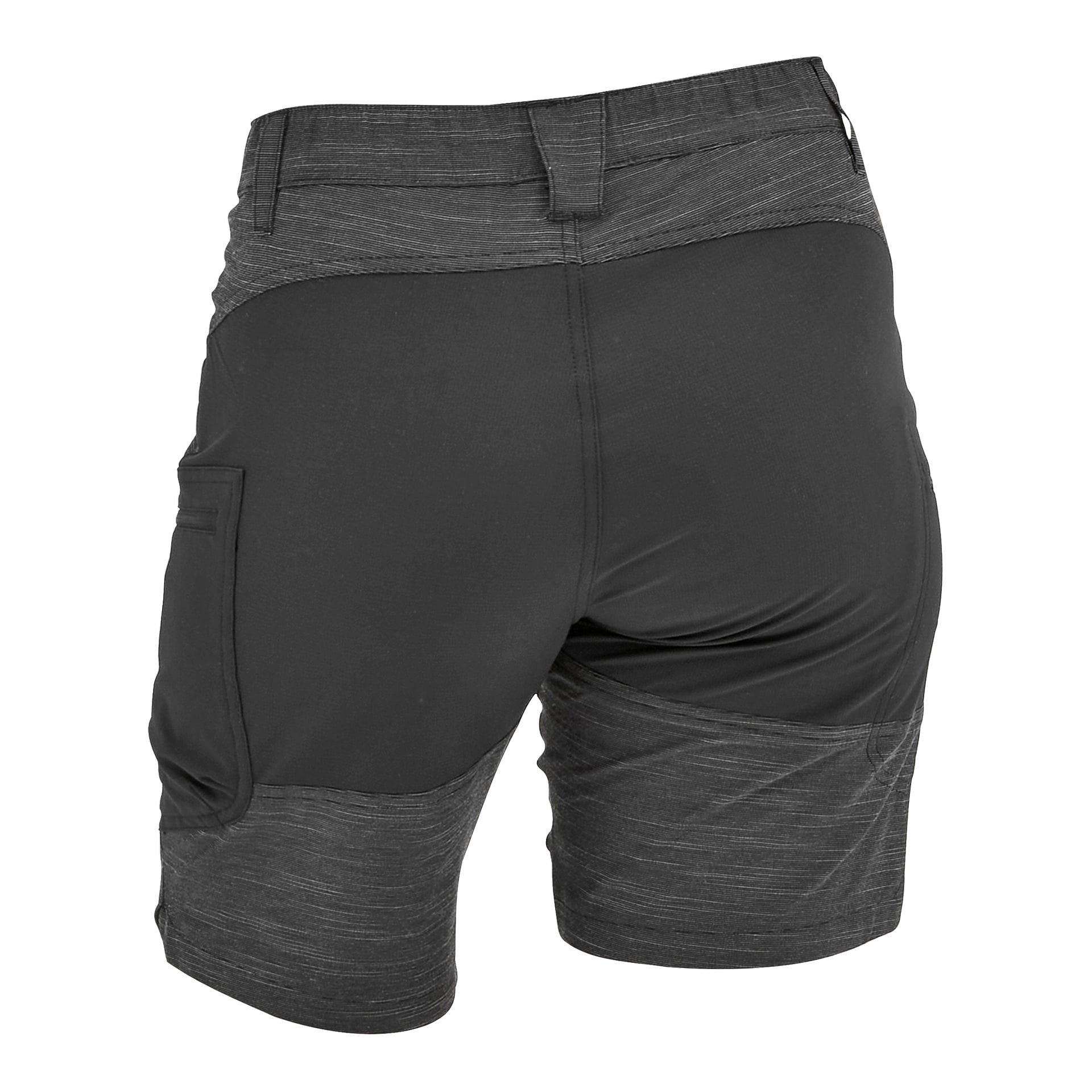 Svarta och mörkgrå sportshorts sedda bakifrån, med midjeband, vänster sidoficka och kontrasterande tygpaneler.