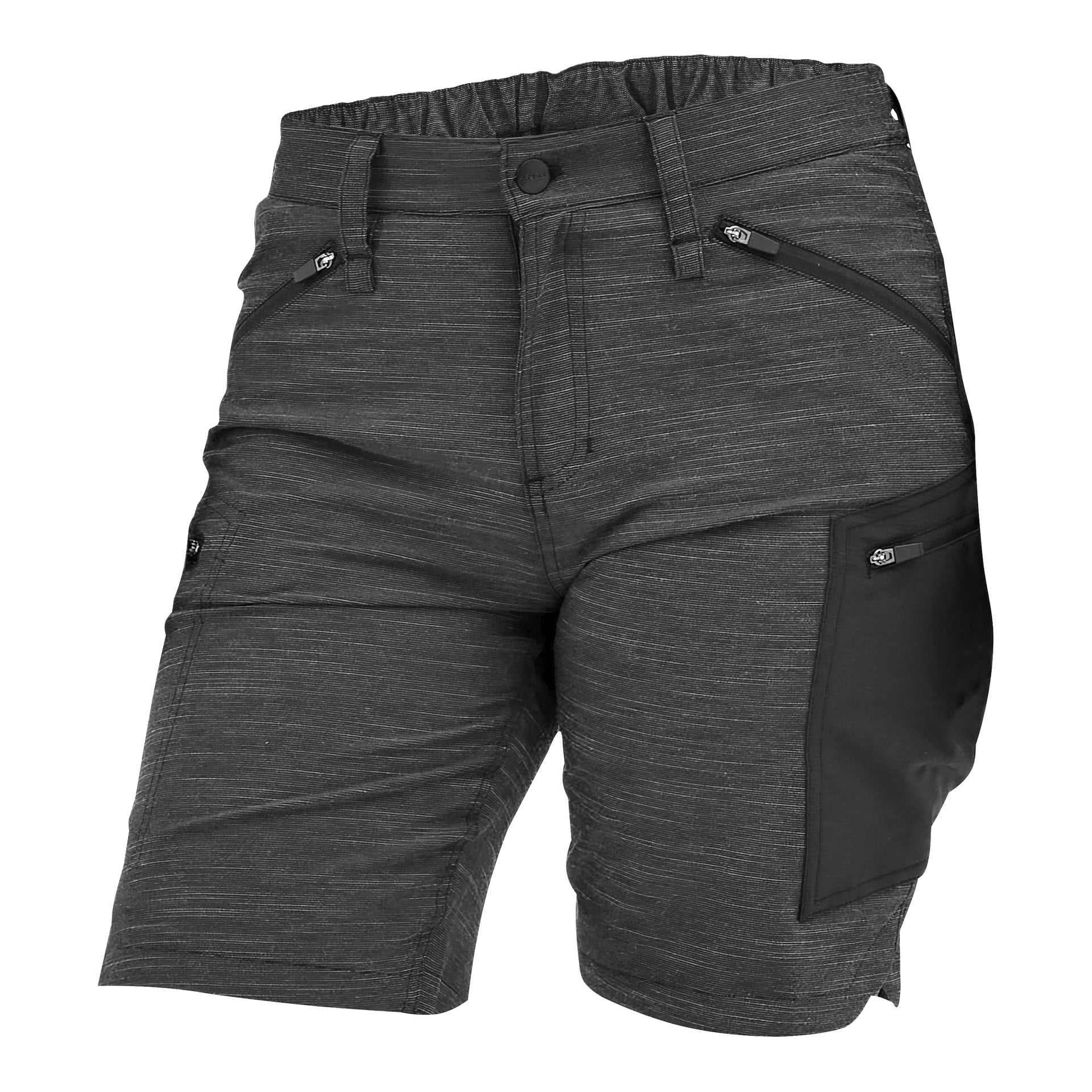Mörkgrå knälånga shorts med knapp och dragkedja, dragkedjefickor framtill och dragkedjasficka på höger lår.