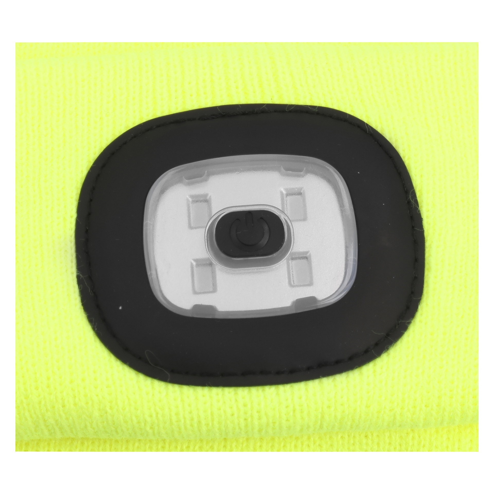 Eine rechteckige LED-Lampe mit schwarzem Rand und Stromsymbol, montiert auf leuchtend gelbem Stoff aus der Nahaufnahme.