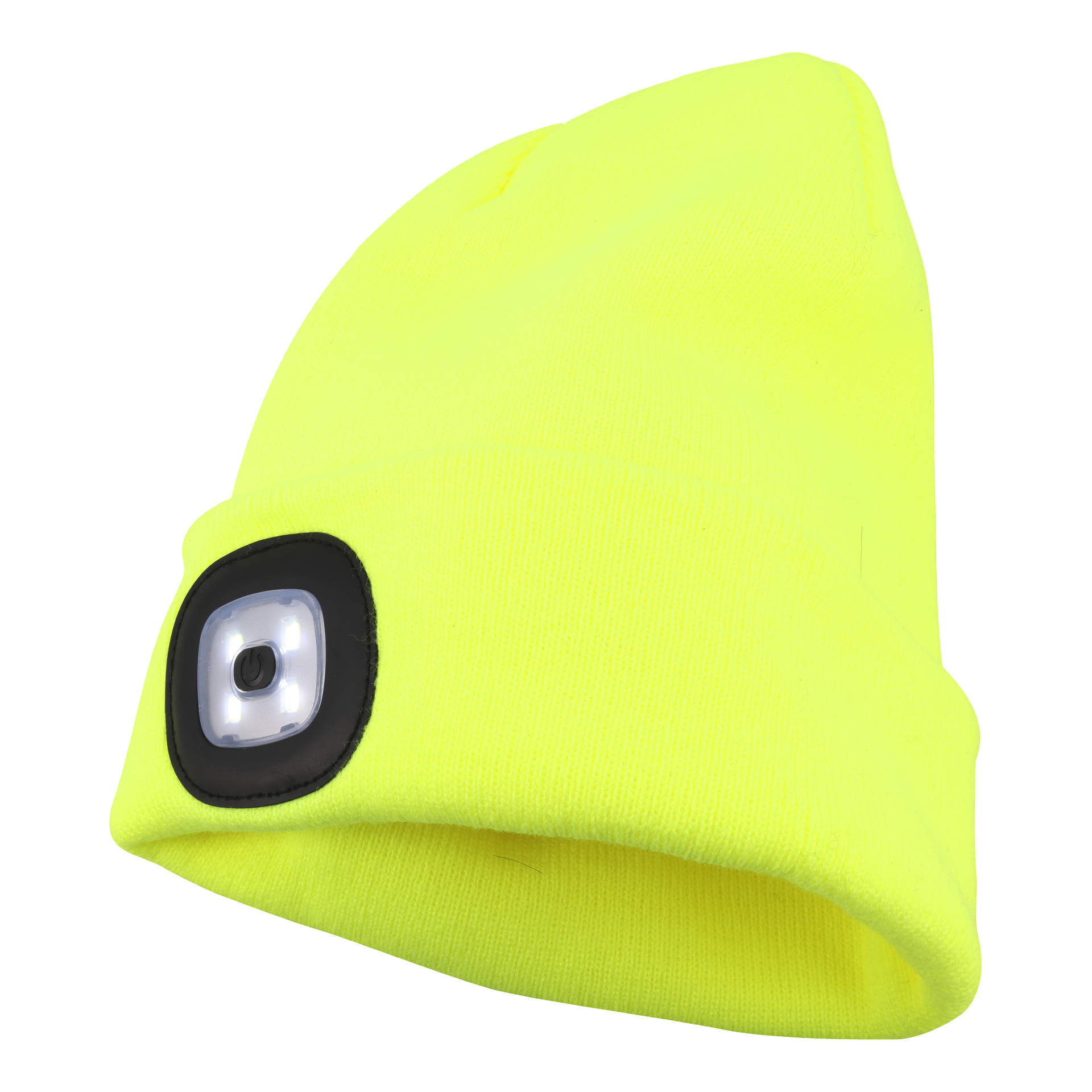 Eine leuchtend gelbe Strickmütze mit einer rechteckigen LED-Leuchte auf der Vorderseite, die von einem schwarzen Rand umrandet ist.