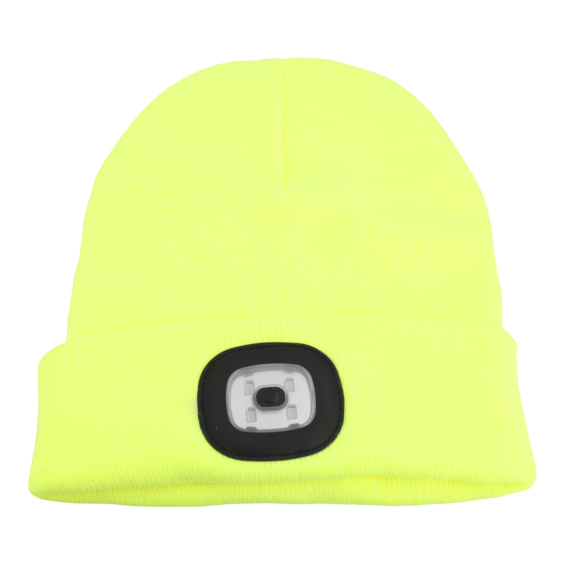 Gelbe Strickmütze mit einer rechteckigen LED-Leuchte, die in der Mitte des gefalteten Kremps integriert ist.