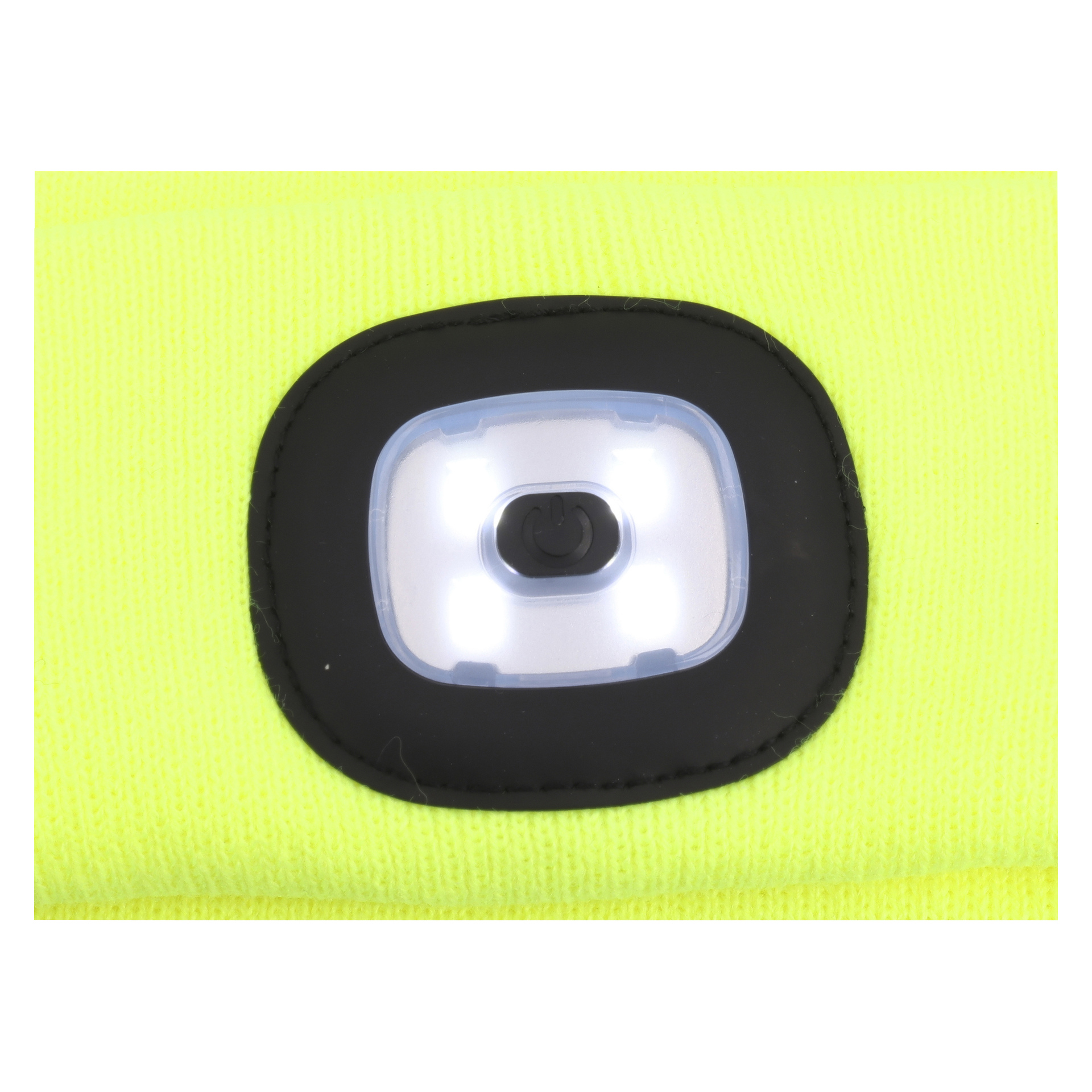 Nahaufnahme eines LED-Lichts mit einem Power-Knopf in schwarzem Gummigehäuse, der auf leuchtend gelb-grünem Strickstoff ruht.
