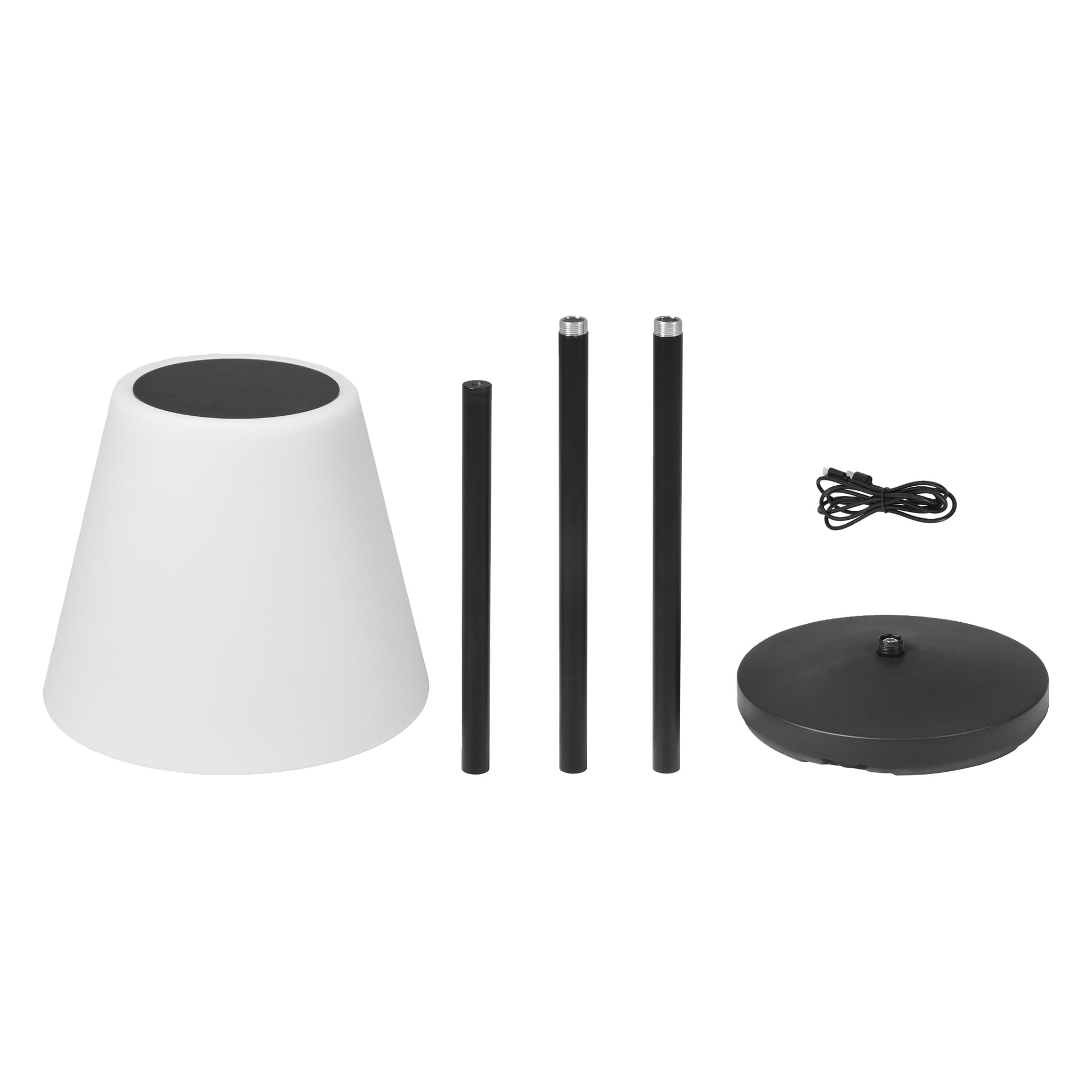 Demonterat lampkit med vit skärm, två långa svarta stolpar, en kort svart stång, rund svart bas och en USB-laddningskabel.