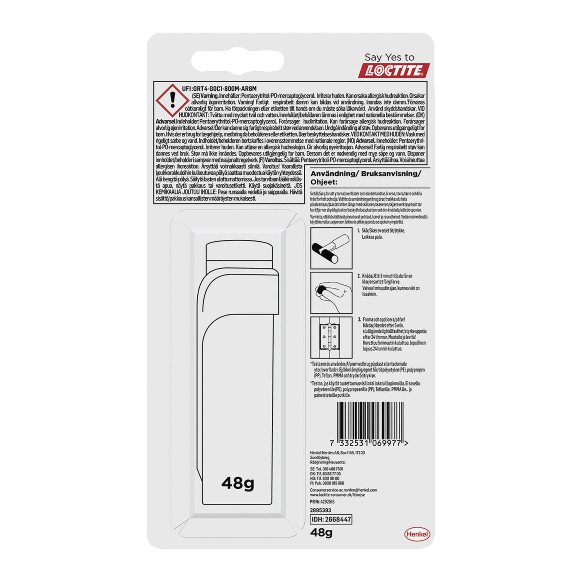 Loctite Super Glue -putkipaketin takakanne, jossa on varoituksia ja ohjeita useilla kielillä sekä tuotetiedot.