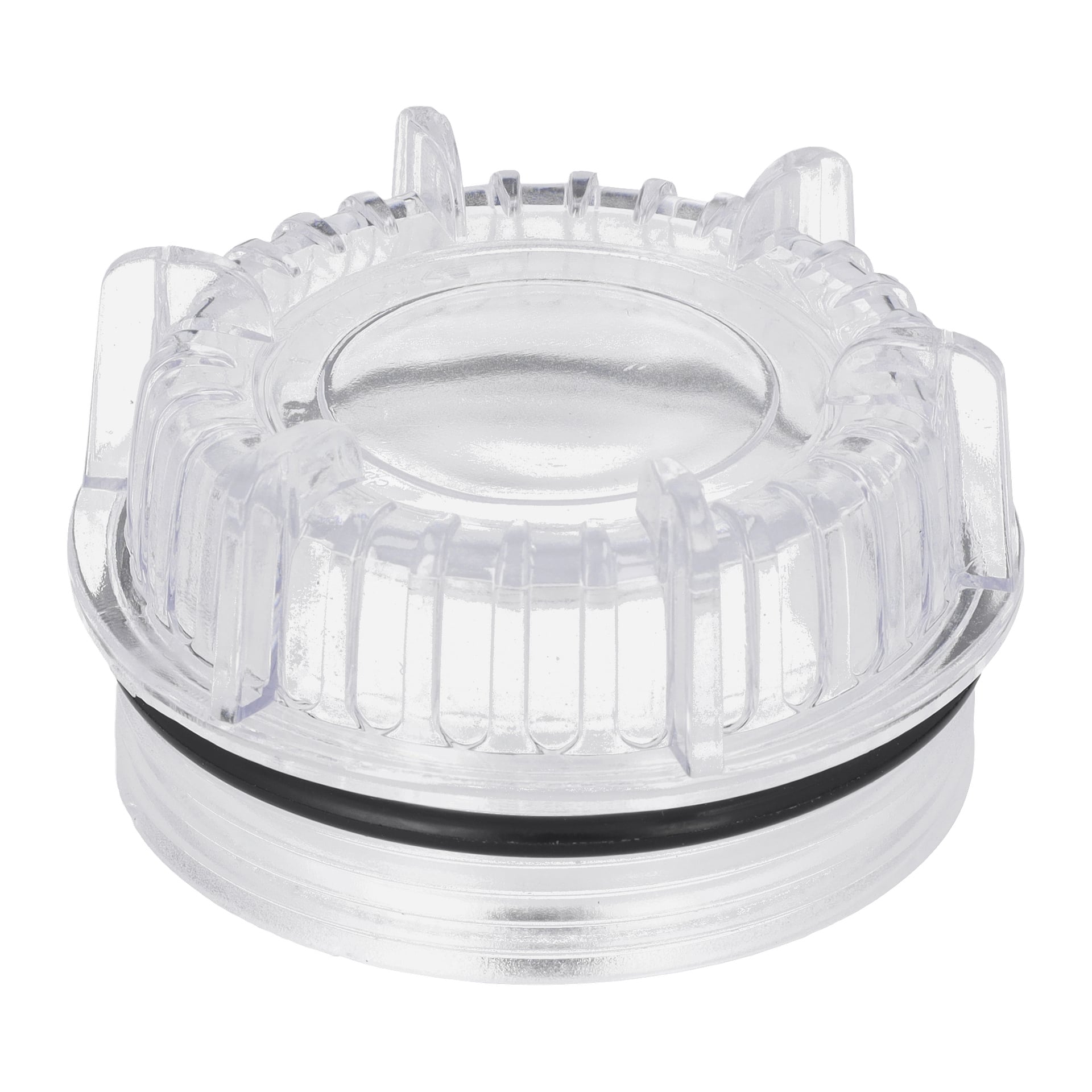 En genomskinlig plastpump med "Cover hydrophore" med vertikala åsar, fyra stora flikar, ett platt centrum och en svart O-ring nära basen.