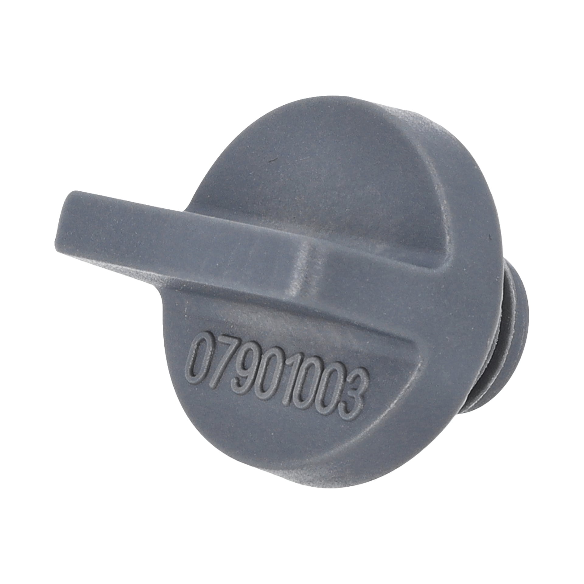 Grå plastlock med en sidoflik och numret 07901003 präglat och fungerade som avloppsplugg för en hydroforpump.