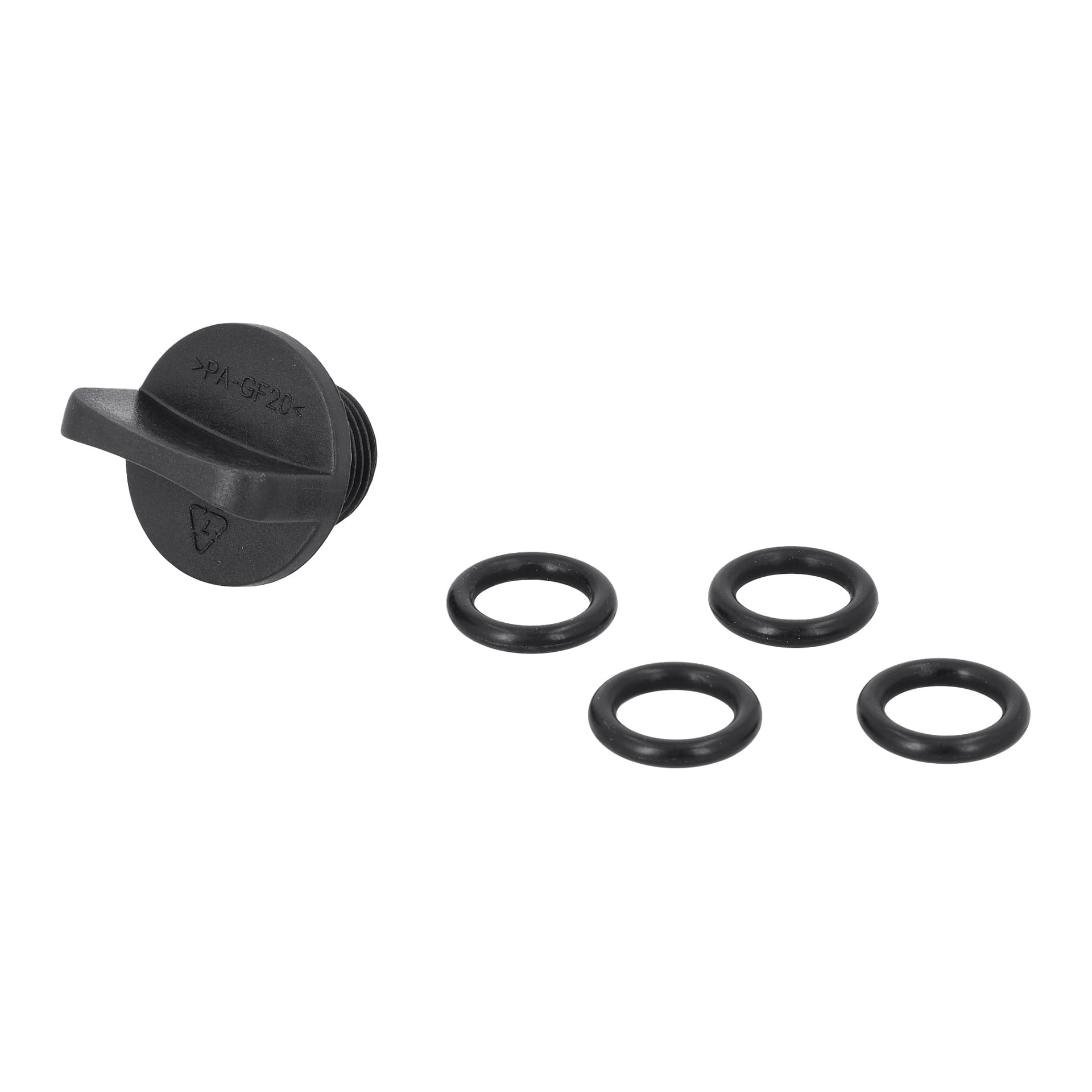 Cover-hydroforpumpen visar ett svart gängat lock med grepphandtag till vänster och fyra O-ringar placerade i en rektangel till höger.