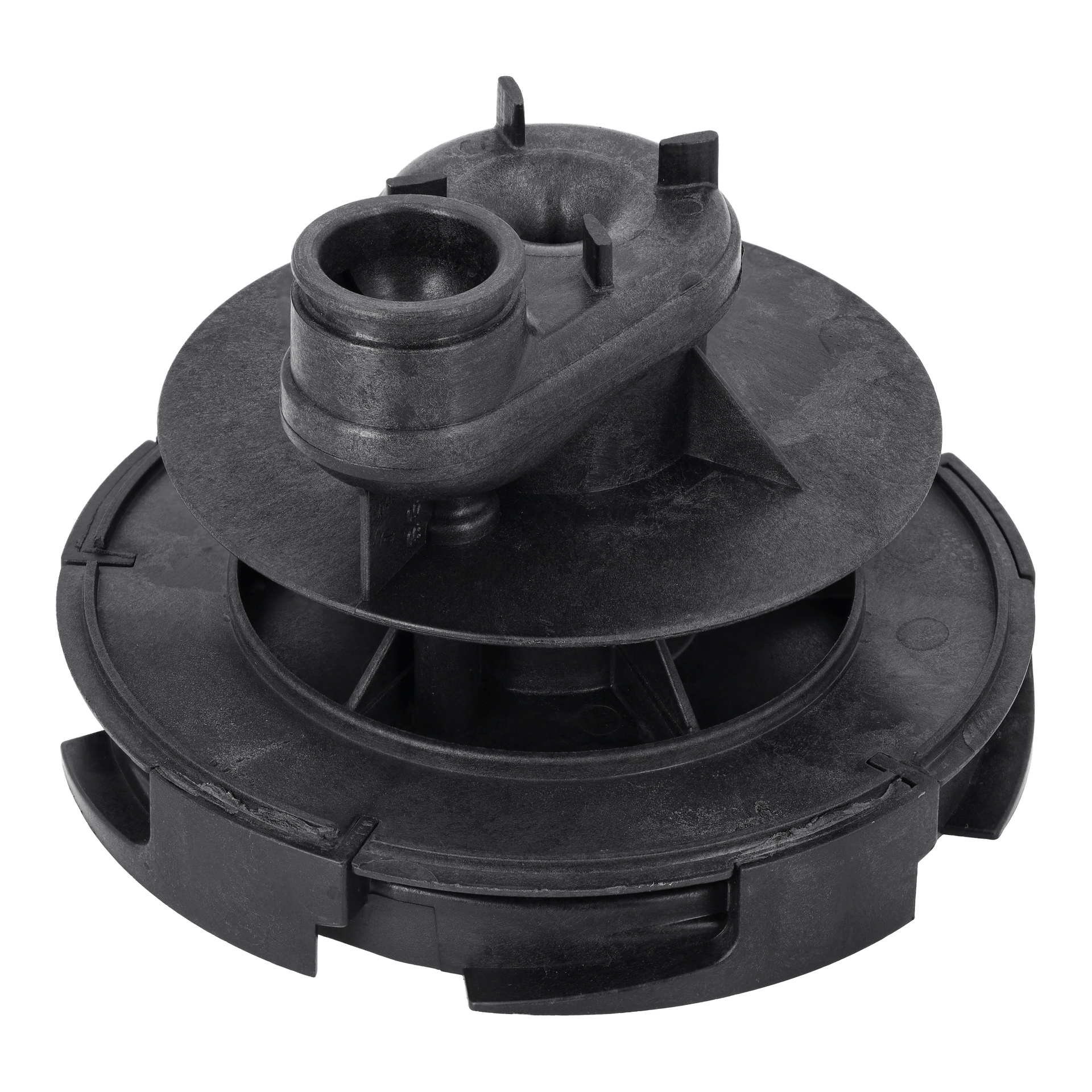 Närbild av en svart plastdiffusorplatta för en hydroforpump, med cirkulära åsar och en central cylindrisk förlängning.