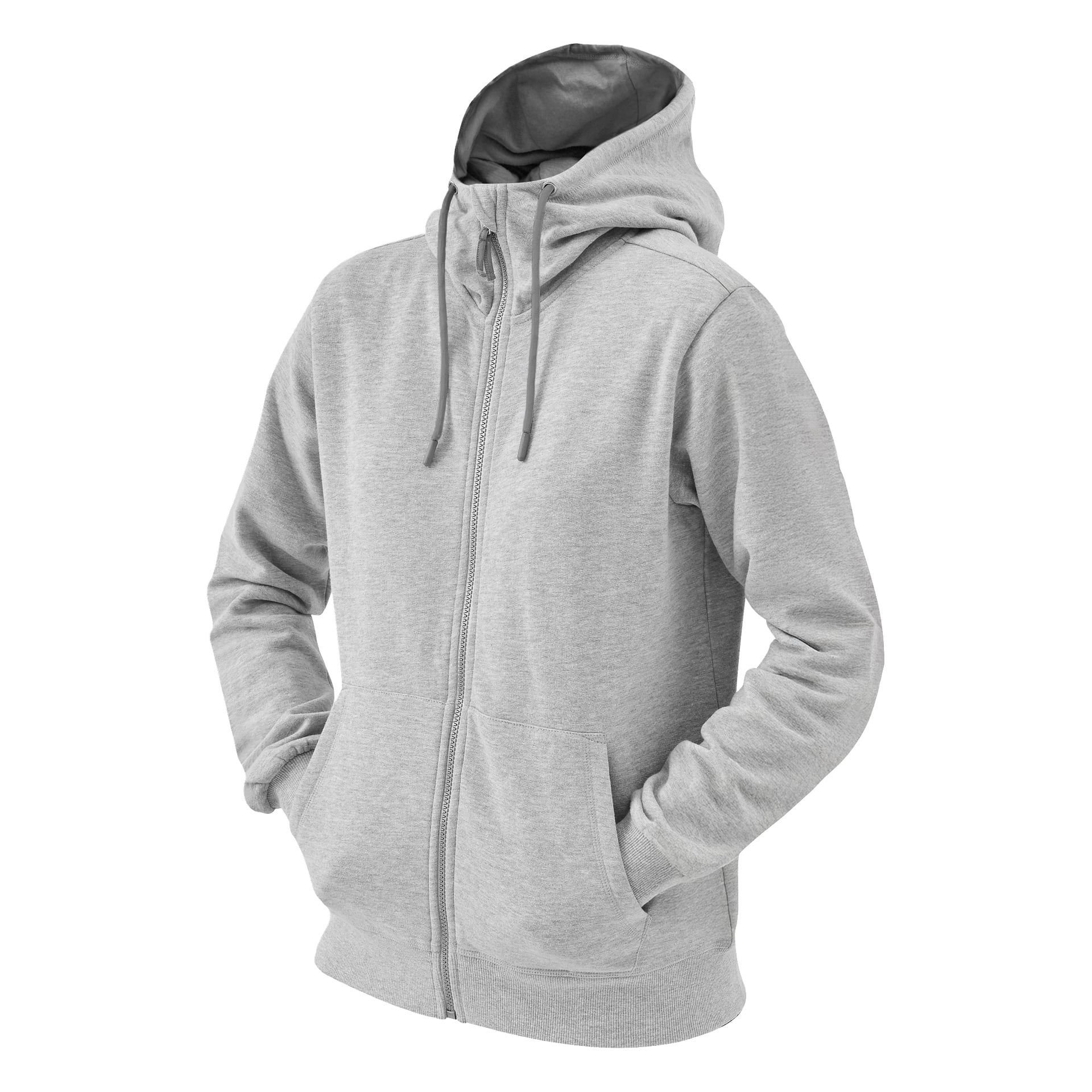 Ljusgrå zip-up hoodie med framfickor och en huva med dragsko, syns på en skyltdocka med händerna nedstoppade i fickorna.
