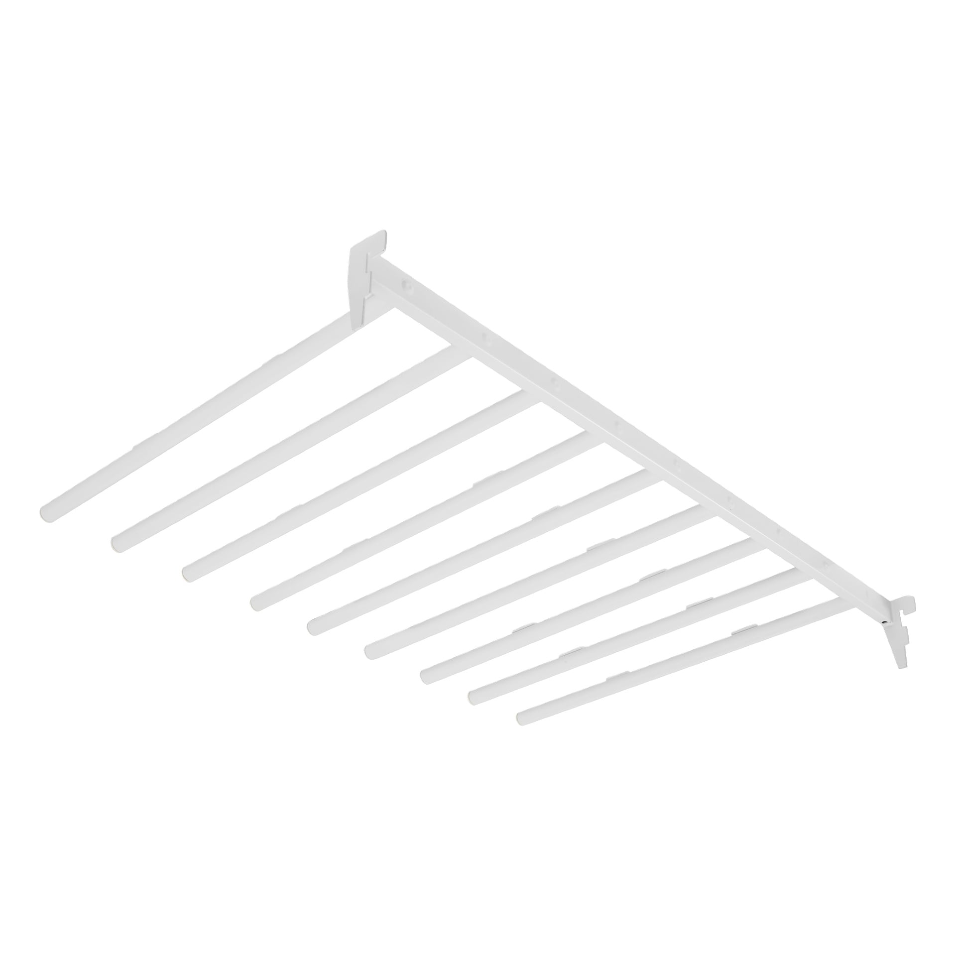 Väggmonterat torkställ i vitt med åtta parallella stänger som sträcker sig utåt och nedåt från fästena.