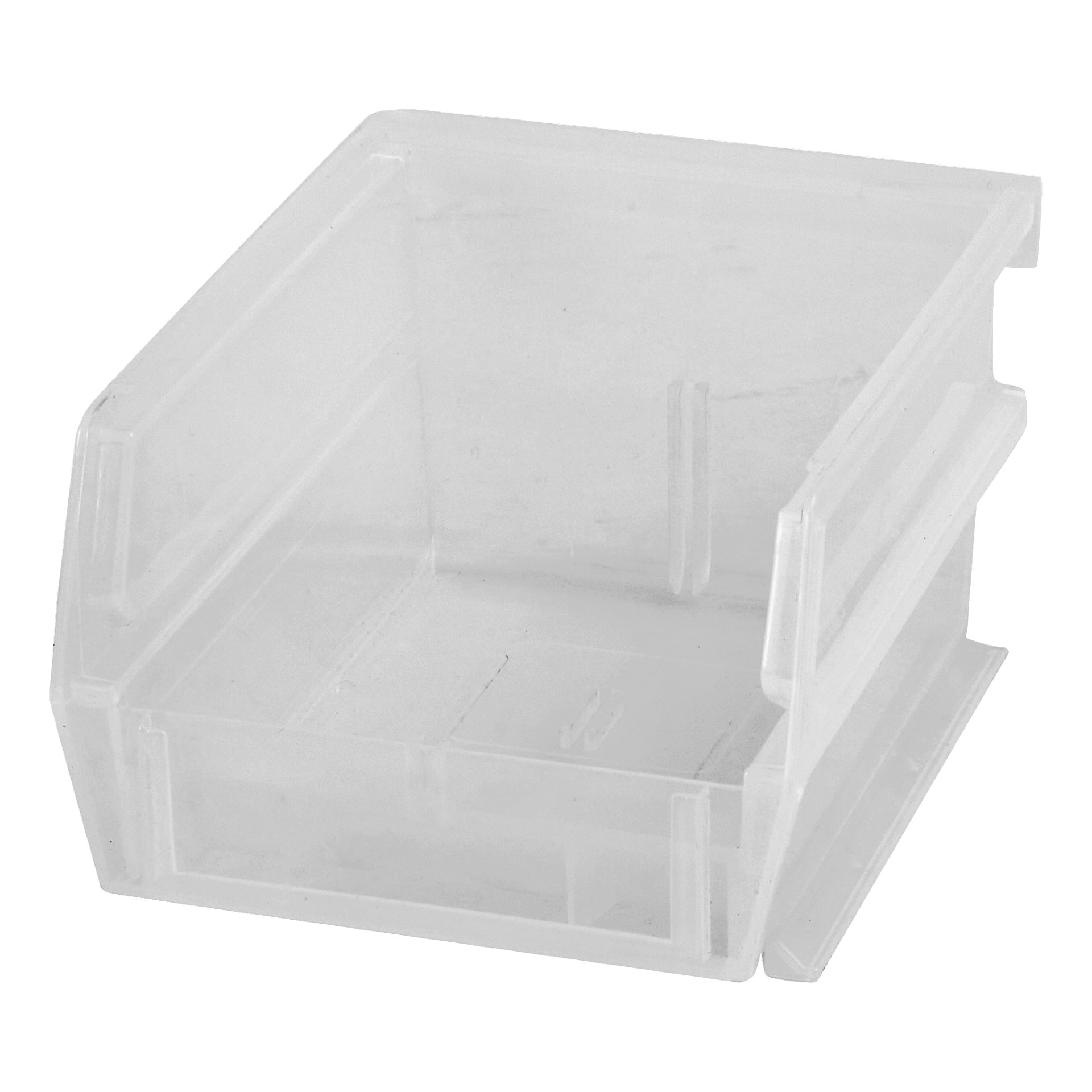 Transparent förvaringslåda med öppen front och stadiga sidor, idealisk för sortering eller förvaring av olika småsaker.