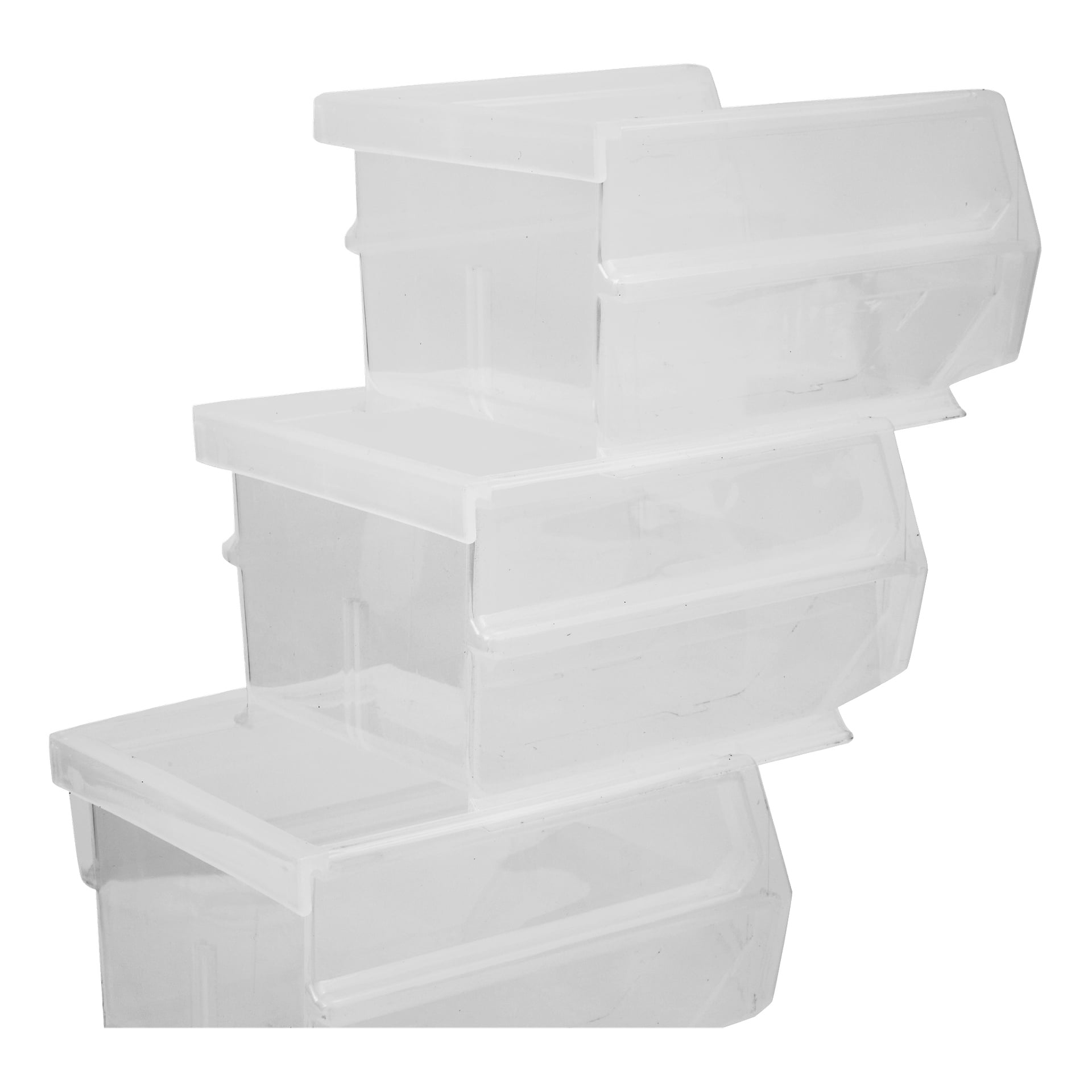 Fyra tomma klara plastförvaringslådor är staplade i en förskjuten design med öppna fronter för enkel åtkomst, lämpade för organisering av små föremål.