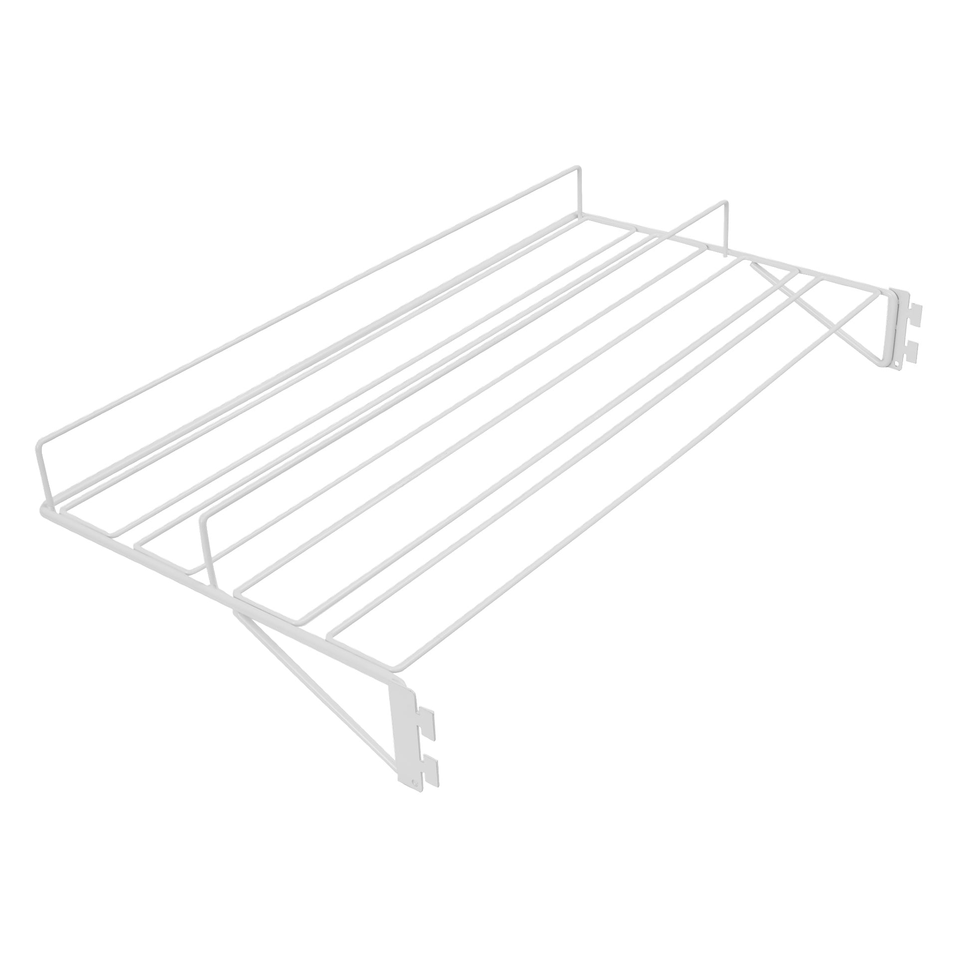 Ett hyllställ med vit tråd har tre stödstänger nedanför och två fästen på högra sidan för montering, med ett öppet, minimalistiskt utseende.