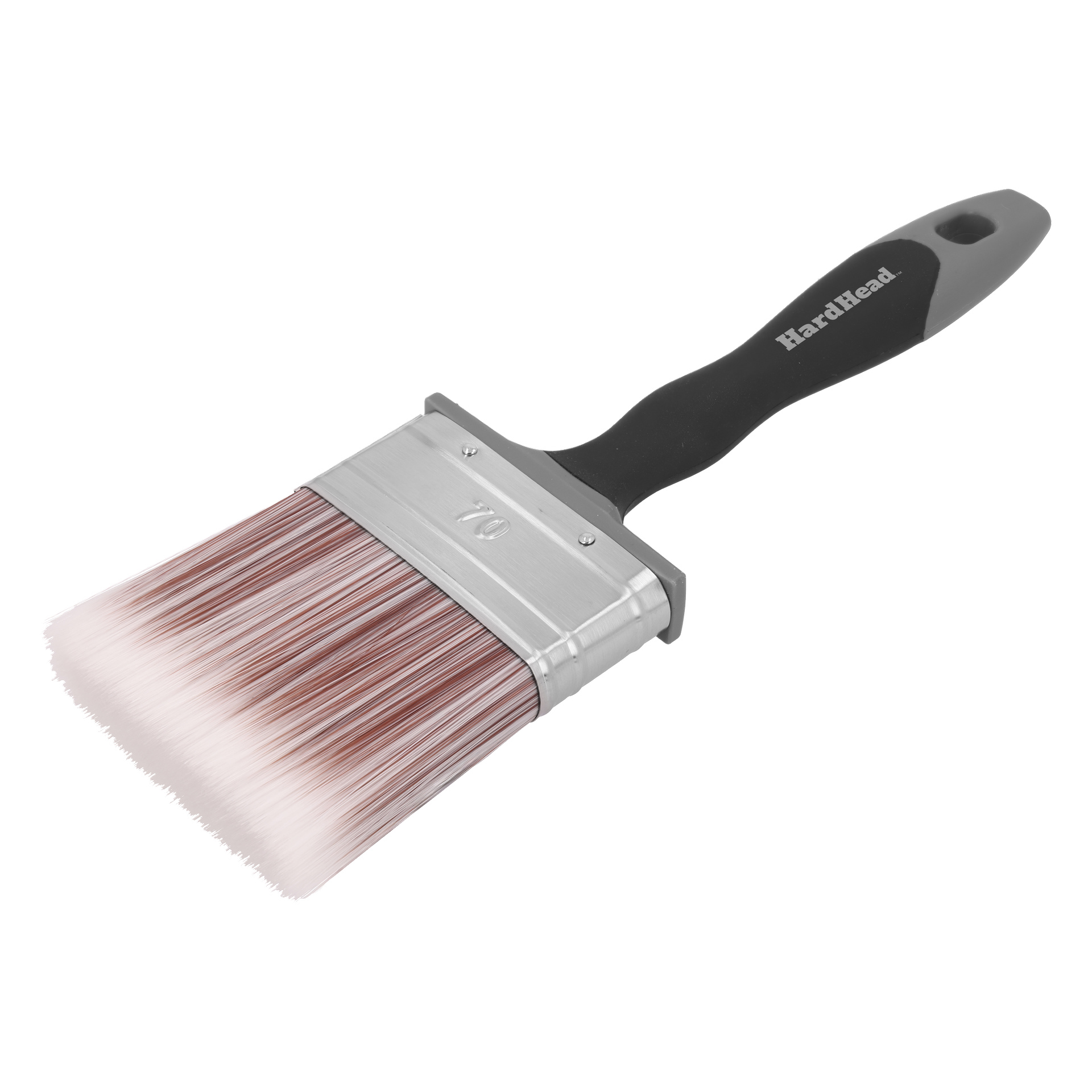En ren, oanvänd bred pensel med ett svart ergonomiskt handtag märkt Hard Head, metallferrule och brun-till-vit syntetiska borst.