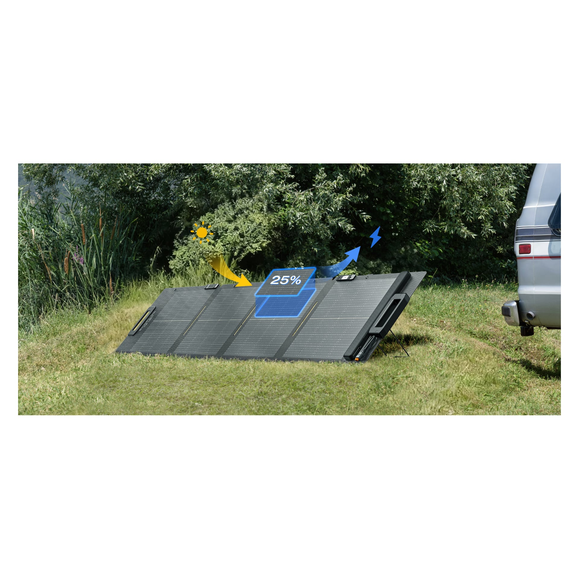 En portabel solpanel på gräs nära en buske och ett fordon, med grafik av en sol, blixt och 25% laddat batteri.