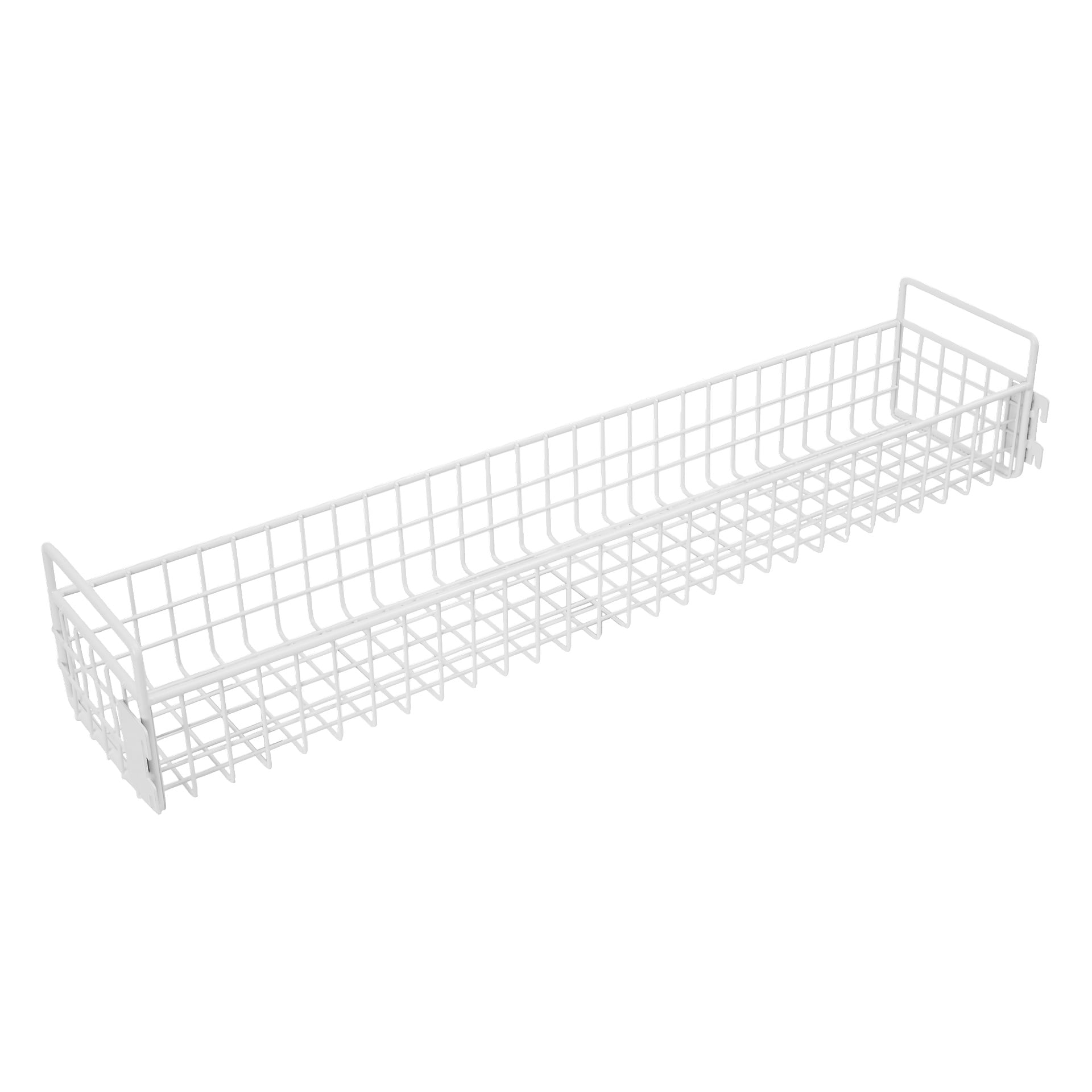 En lång vit trådkorg med gallerdesign och handtag i båda ändar.