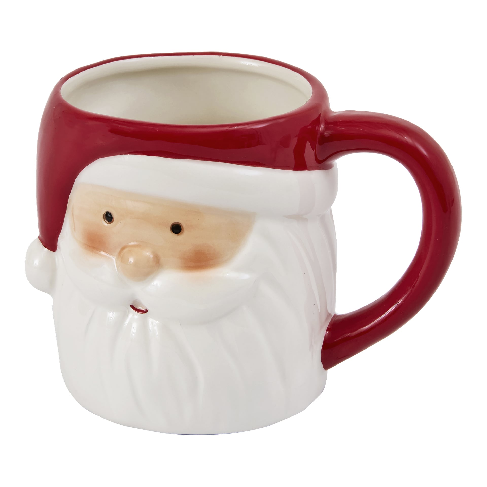 En tomteansiktsmugg med vitt skägg, rosiga kinder och en röd hatt som handtag. Muggen är tom.