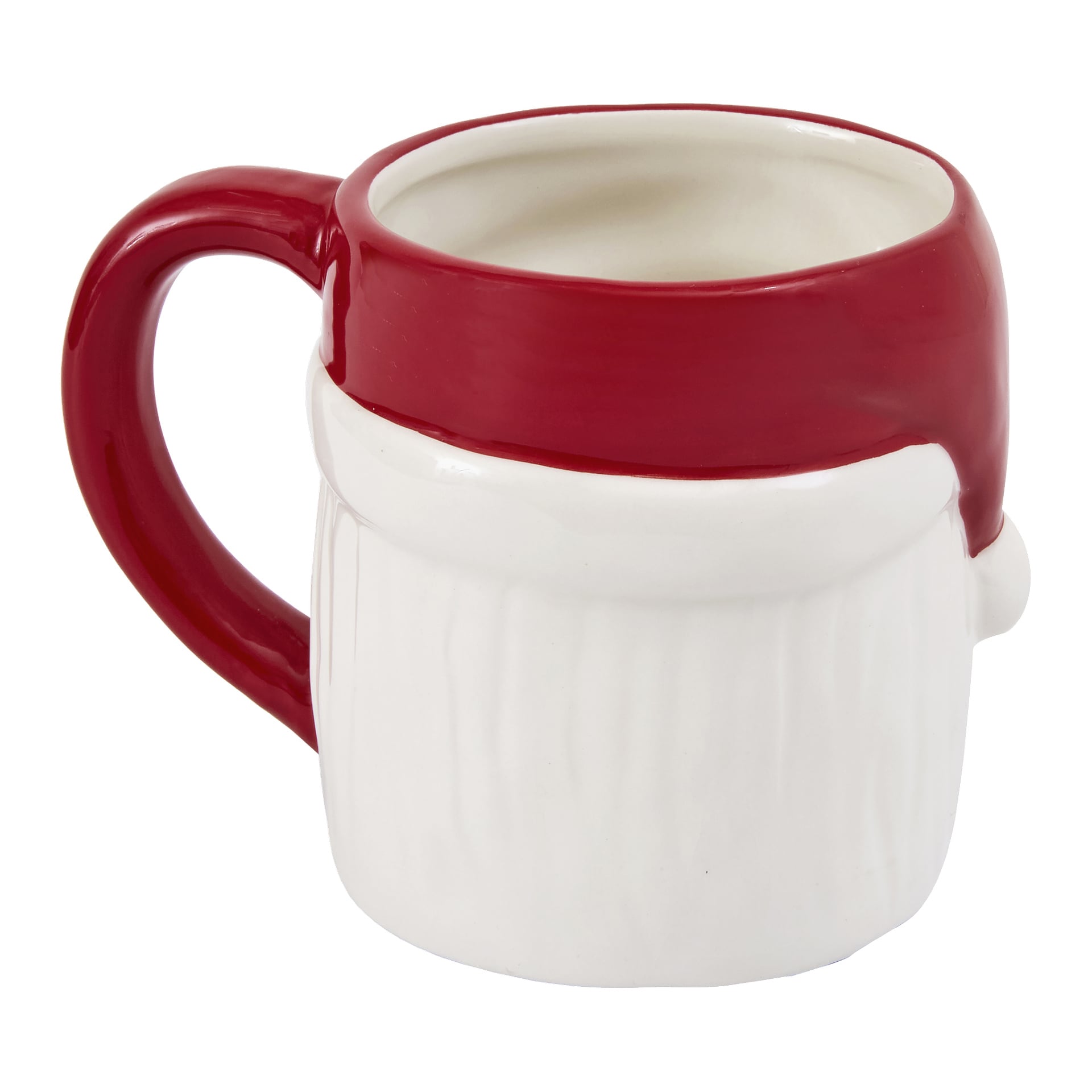 En mugg designad för att likna en tomtehatt, med en röd topp för kant och handtag, och en vit bas som efterliknar brättet och pompomen.