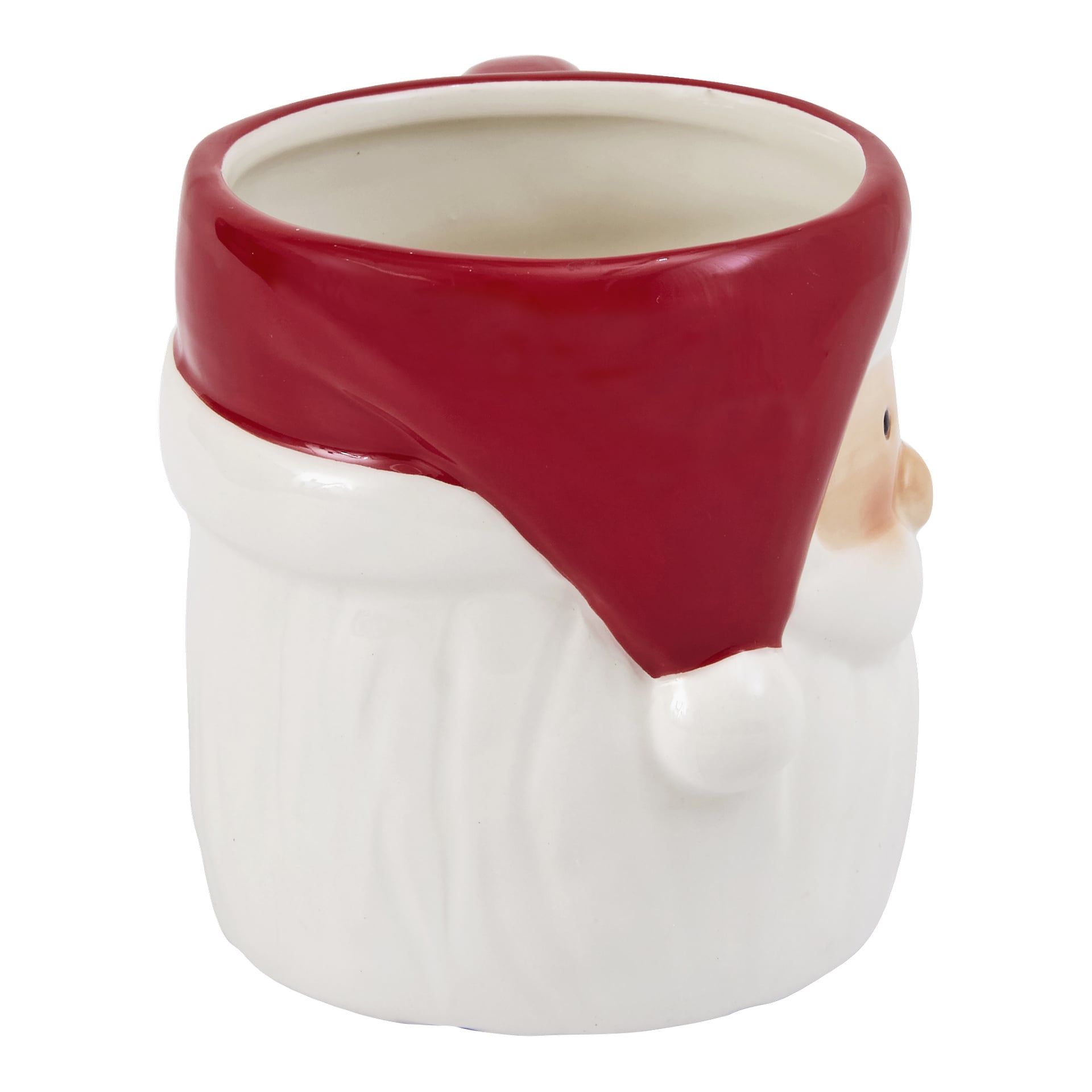 Keramikmugg formad som tomtens huvud, med en röd hatt som kant, vitt skägg och en liten näsa på höger sida.
