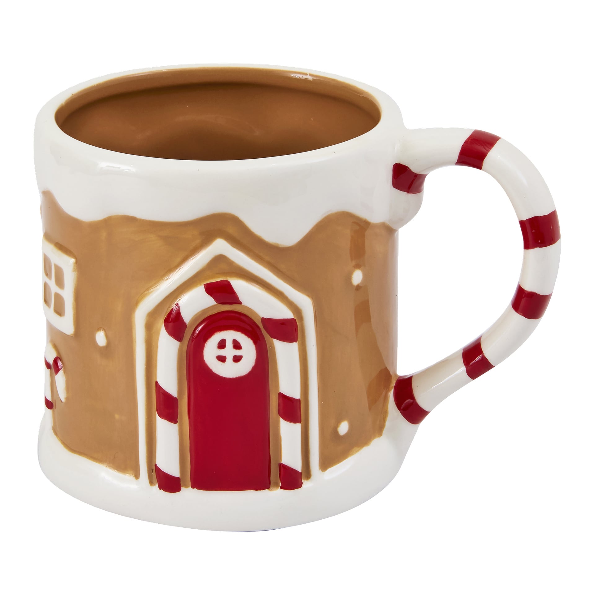 Keramikmugg som liknar ett pepparkakshus med röd dörr, vita fönster, handtag med polkagrisrandig polkagris och beige inredning.