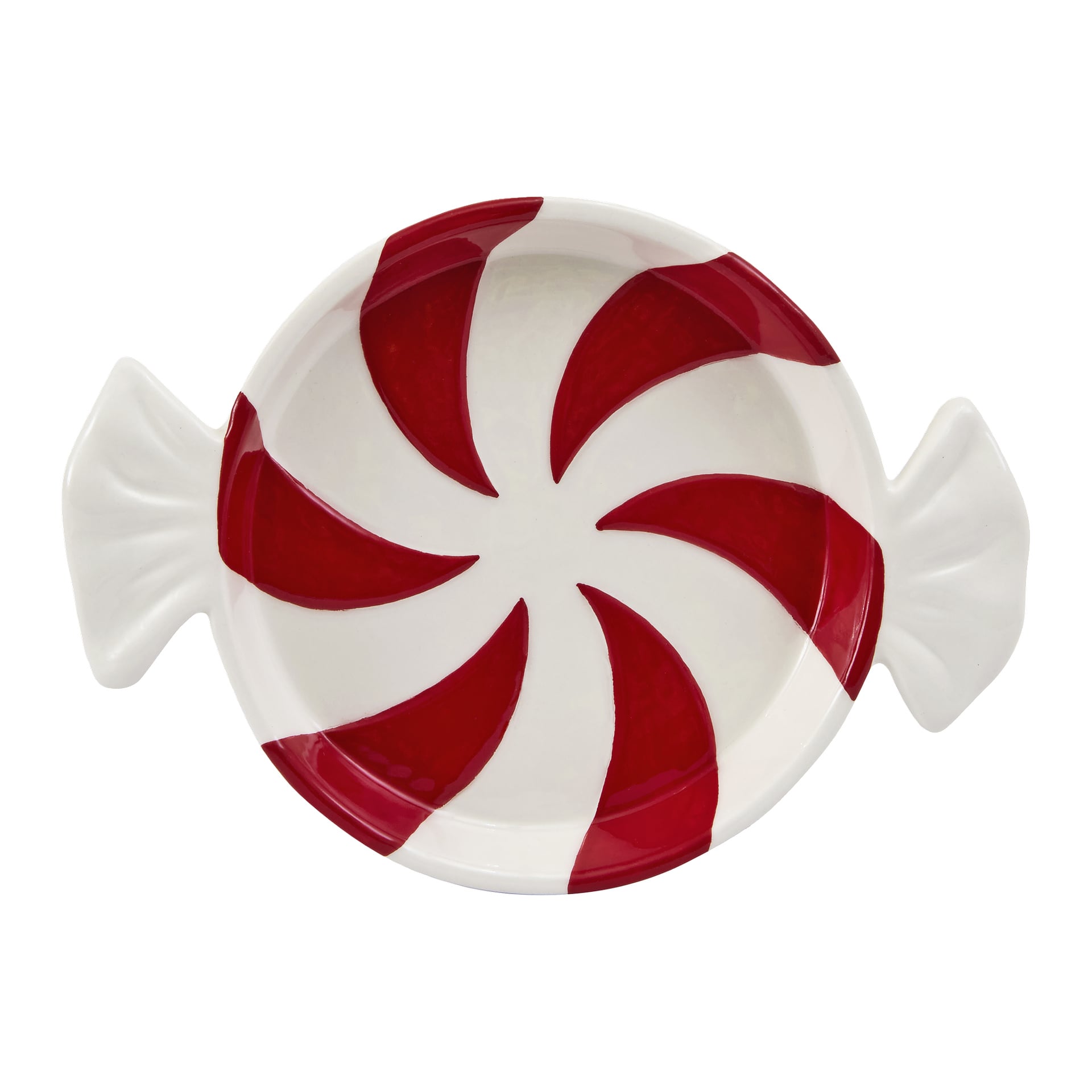 Keraaminen lautanen, joka on muotoiltu piparminttukarkin kaltaiseksi, jossa on punaisia ja valkoisia kiemuroita ja päät muotoiltu kierretyiksi karkkikääreinä.