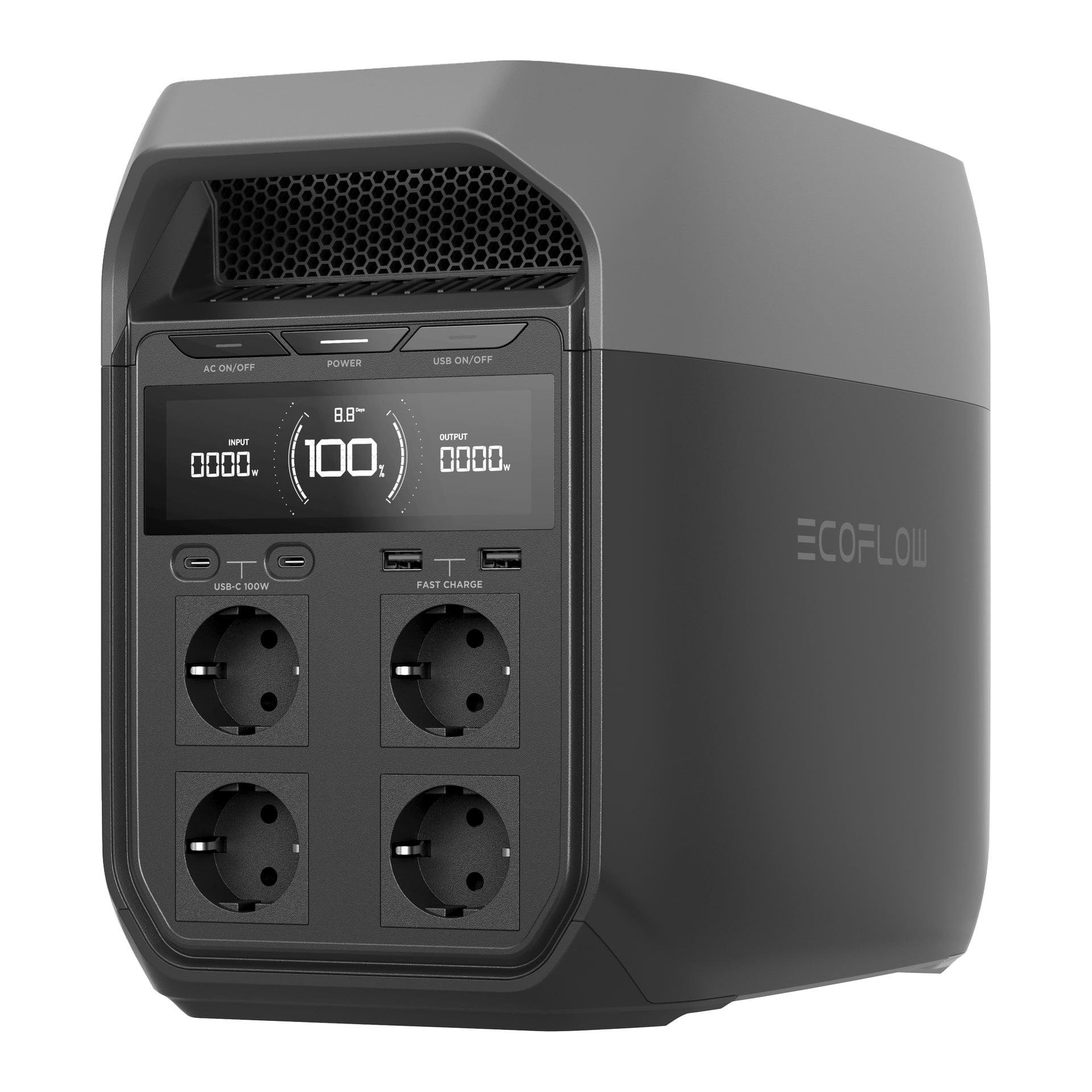 En svart EcoFlow portabel kraftstation med fyra europeiska uttag, en 100 % batteridisplay och knappar för AC och USB på framsidan.