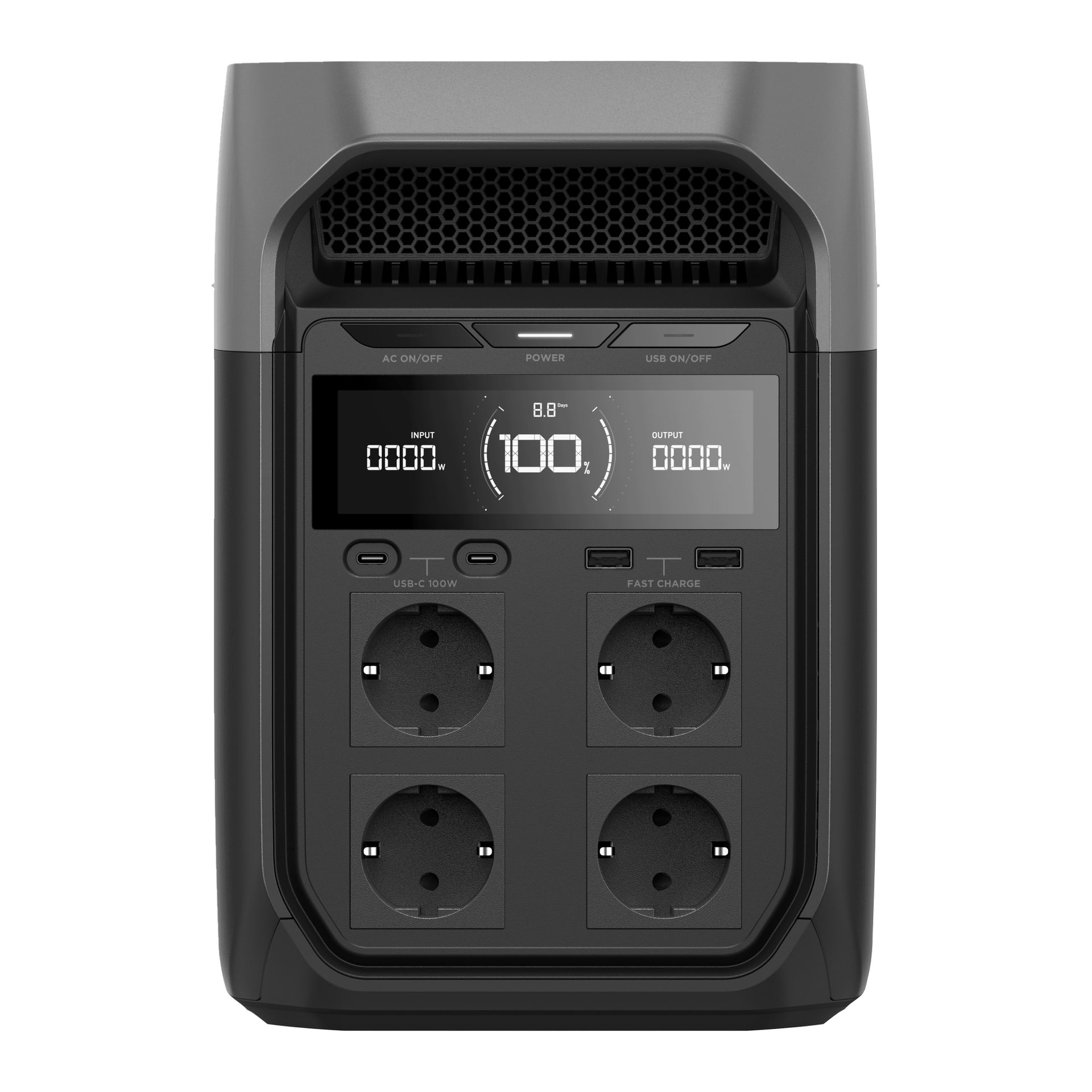 Portabel kraftstation med digital display, fyra europeiska uttag och USB-portar placerade på frontpanelen.